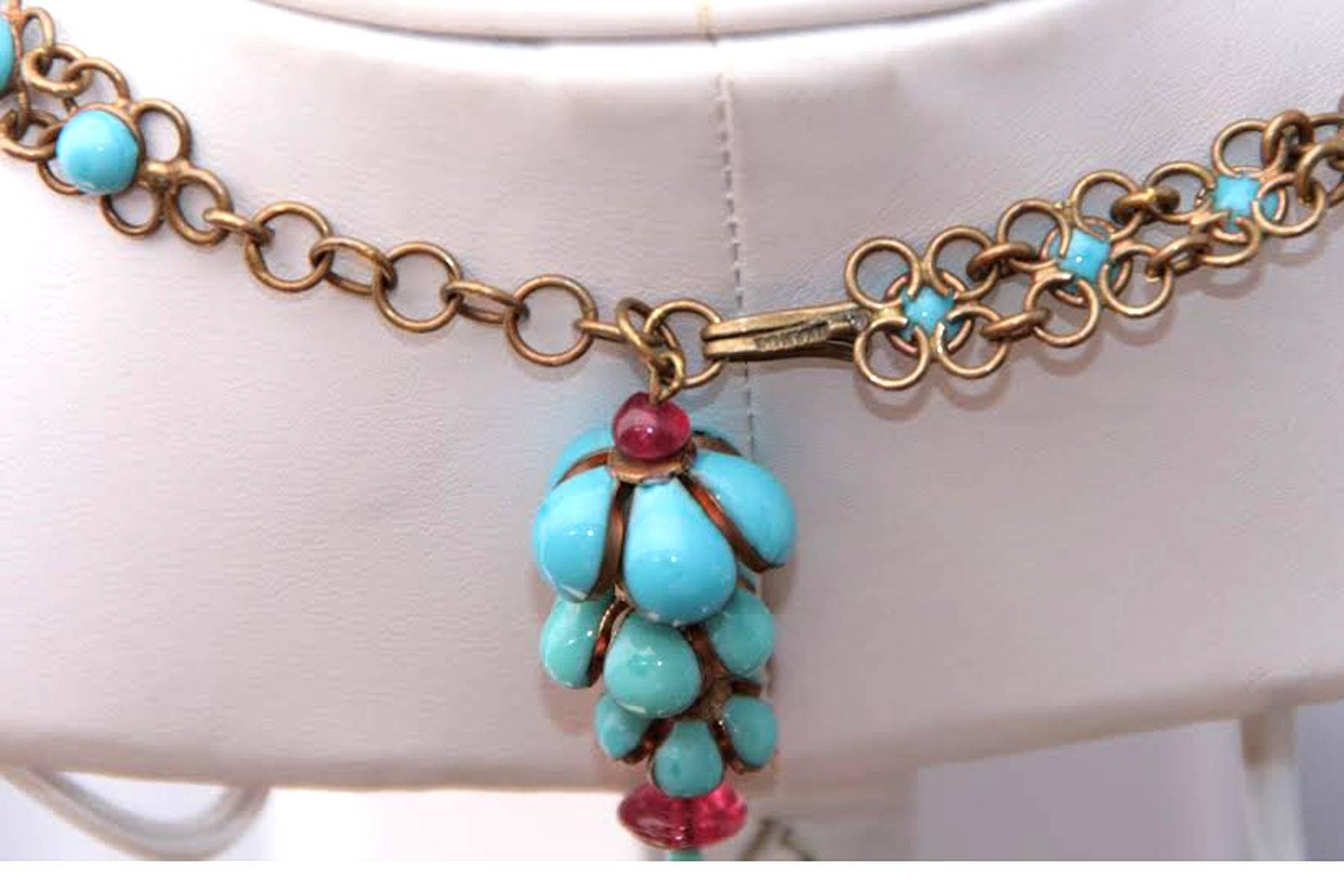 Coco Chanel Gripoix Poured Glass Flower Faux Turquoise and Ruby Necklace For Sale 1