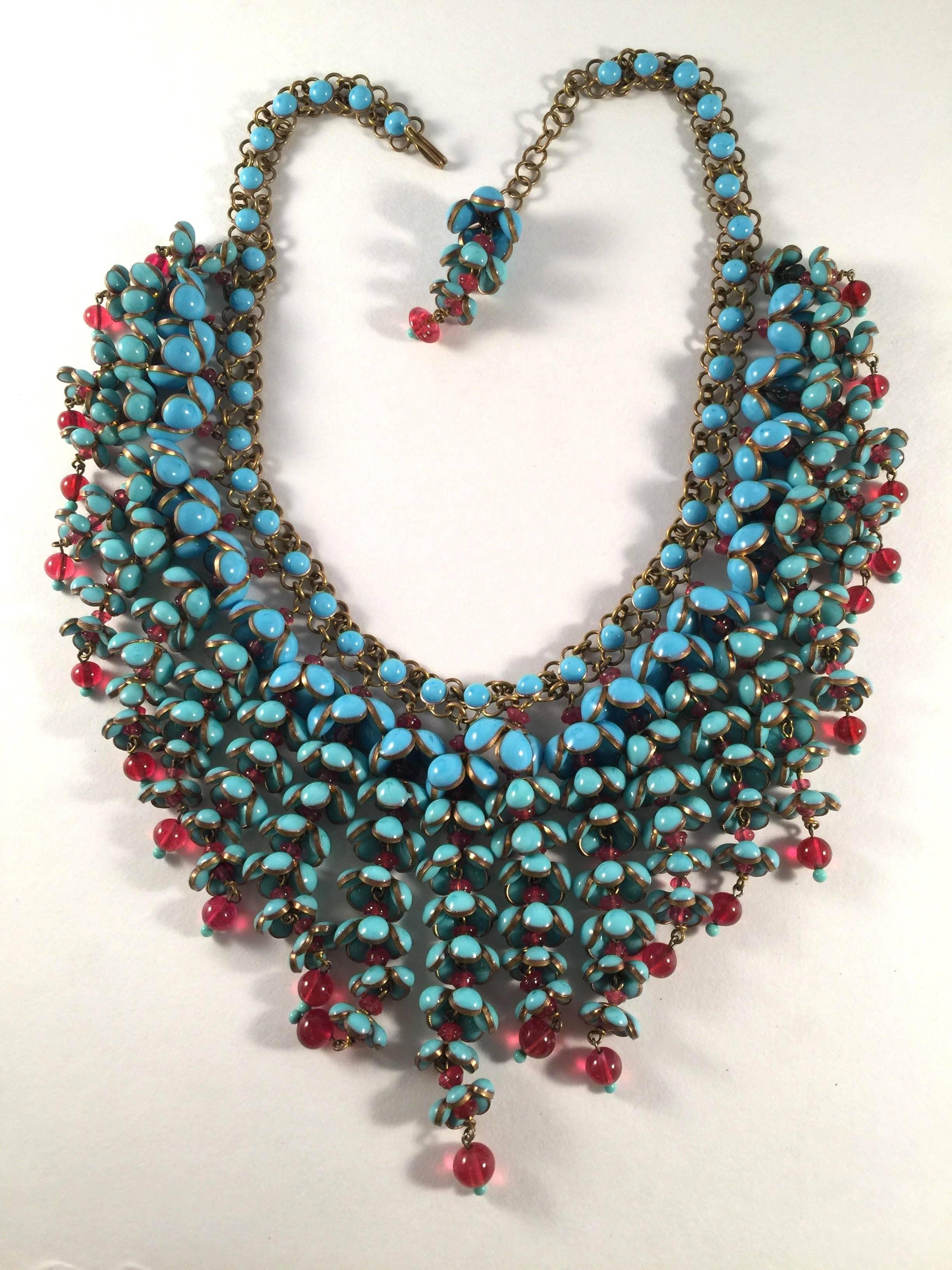 Coco Chanel Gripoix Poured Glass Flower Faux Turquoise and Ruby Necklace For Sale 4