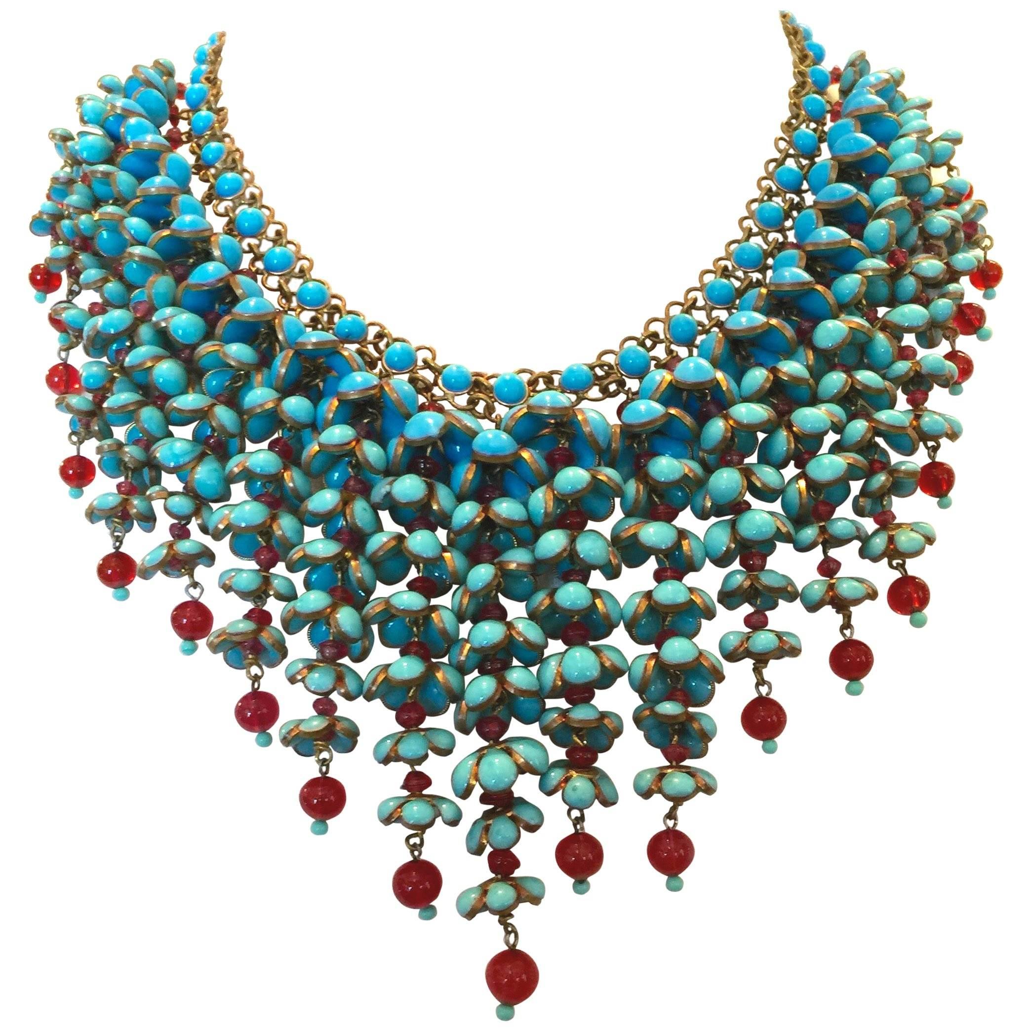 Coco Chanel Gripoix Poured Glass Flower Faux Turquoise and Ruby Necklace For Sale