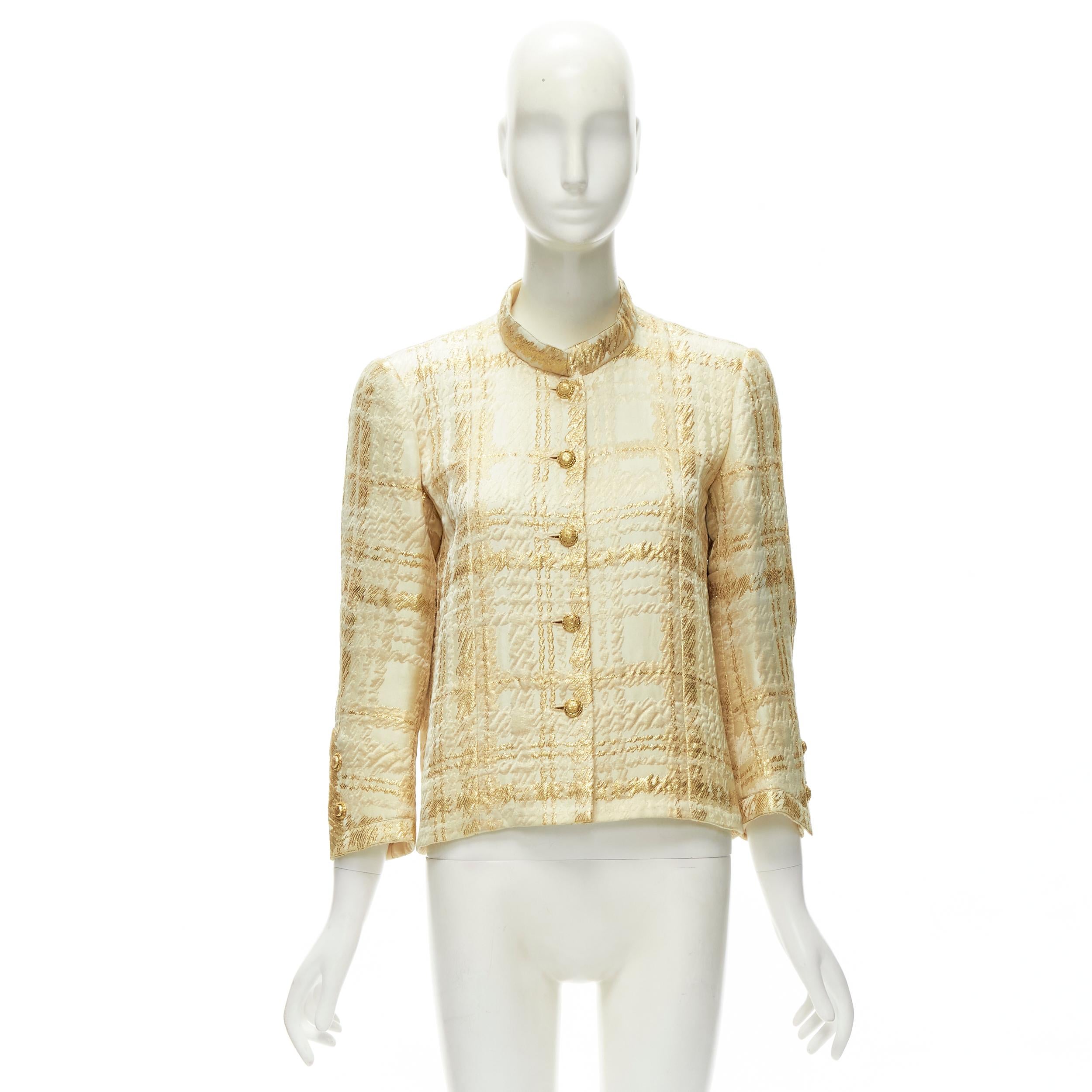 COCO CHANEL HAUTE COUTURE 1960's gold jacquard check jacket L For Sale 11