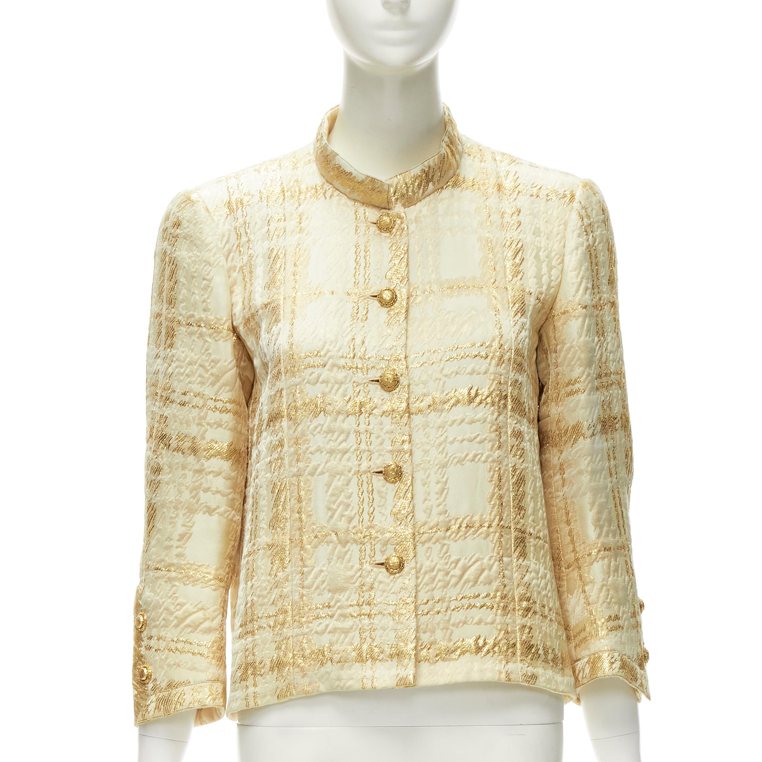 Gold COCO CHANEL HAUTE COUTURE 1960's gold jacquard check jacket L For Sale