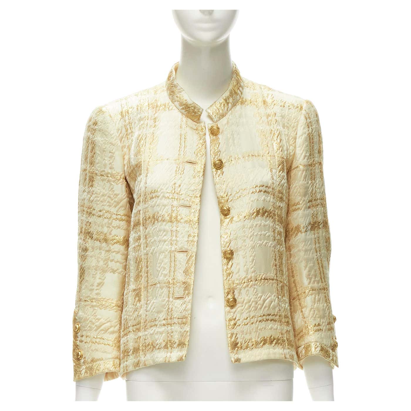 COCO CHANEL HAUTE COUTURE 1960's gold jacquard check jacket L For Sale ...