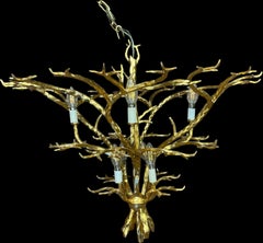Coco Chanel & Maison Jansen Inspired Gilt Metal Faux Bois Twig Chandelier 8 Arm