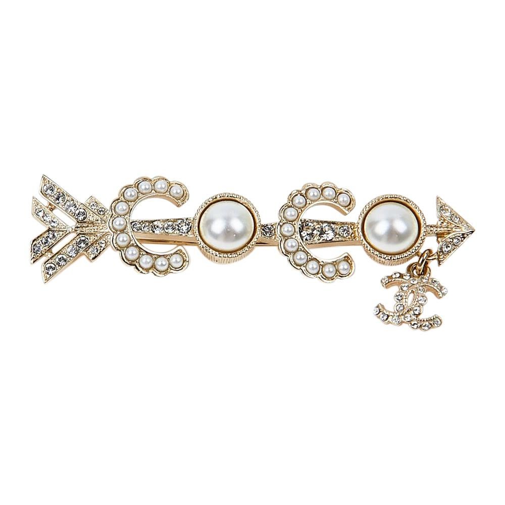 Coco Chanel Pin Brooch in Gilt Metal CC Logo Pearl & Strass