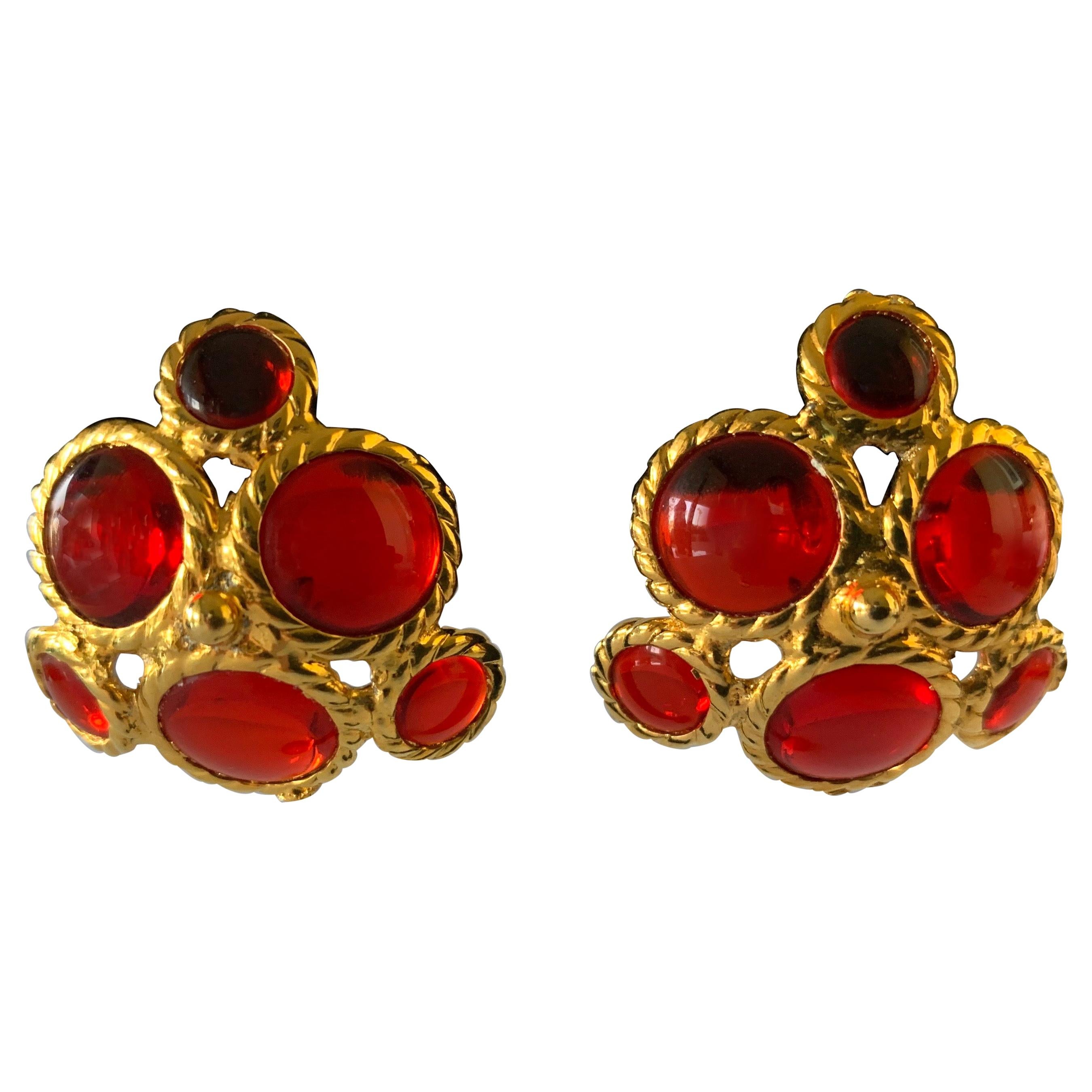 Coco Chanel Red Cluster Haute Couture Statement Earrings 
