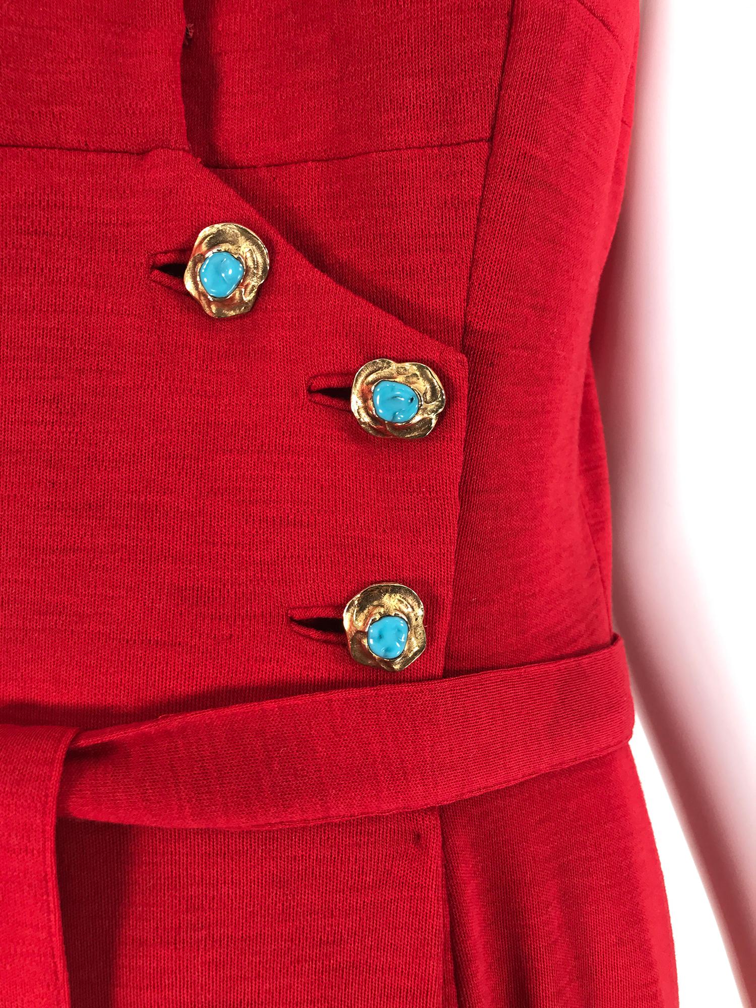 Coco Chanel Red Haute Couture 1950s 2 pc Wool Jersey Jewel Button Dress & Coat  For Sale 3