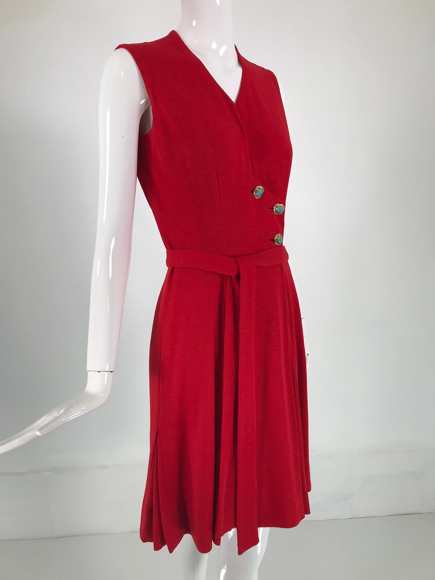 Coco Chanel Red Haute Couture 1950s 2 pc Wool Jersey Jewel Button Dress & Coat  For Sale 4