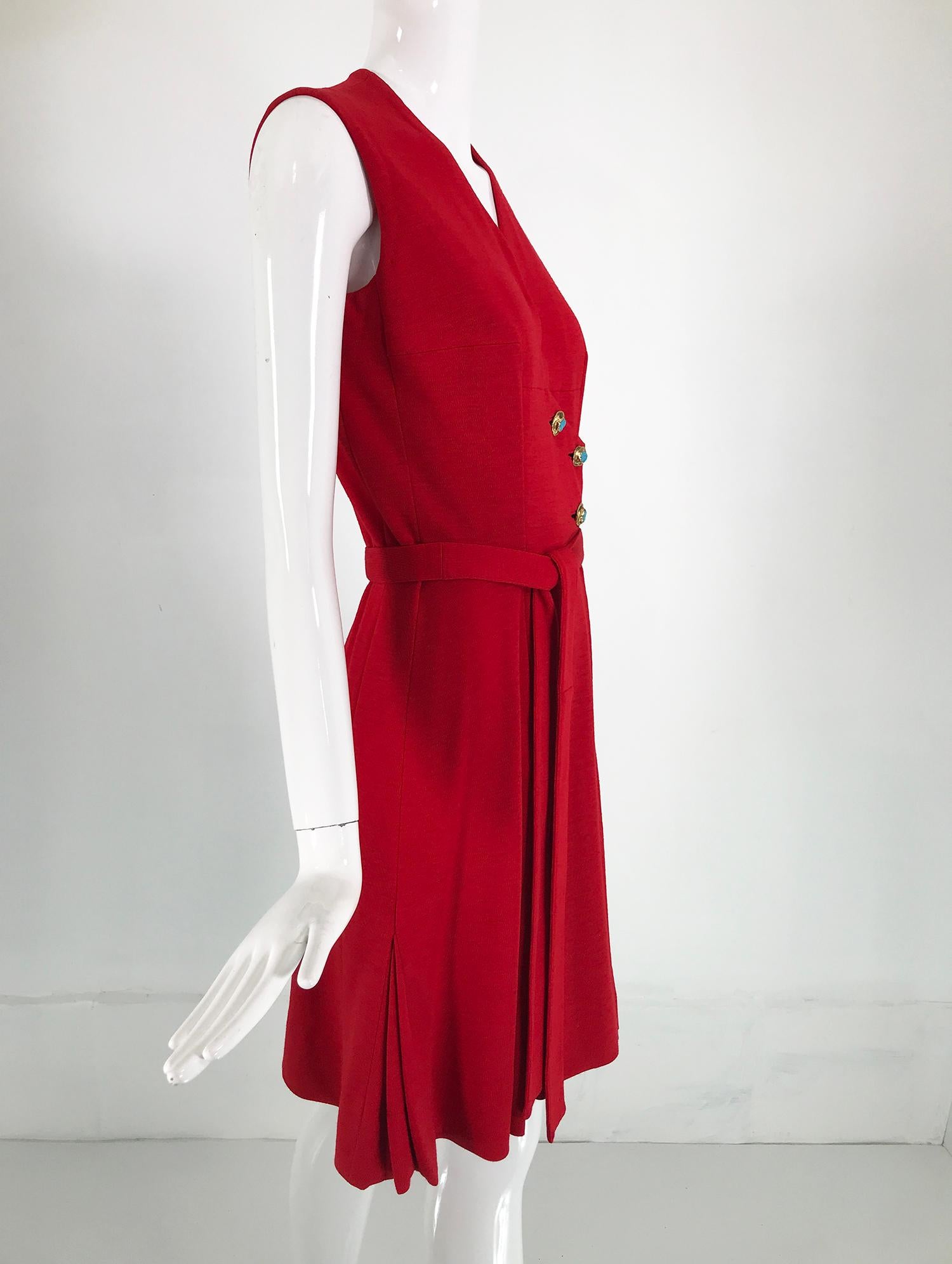 Coco Chanel Red Haute Couture 1950s 2 pc Wool Jersey Jewel Button Dress & Coat  For Sale 5