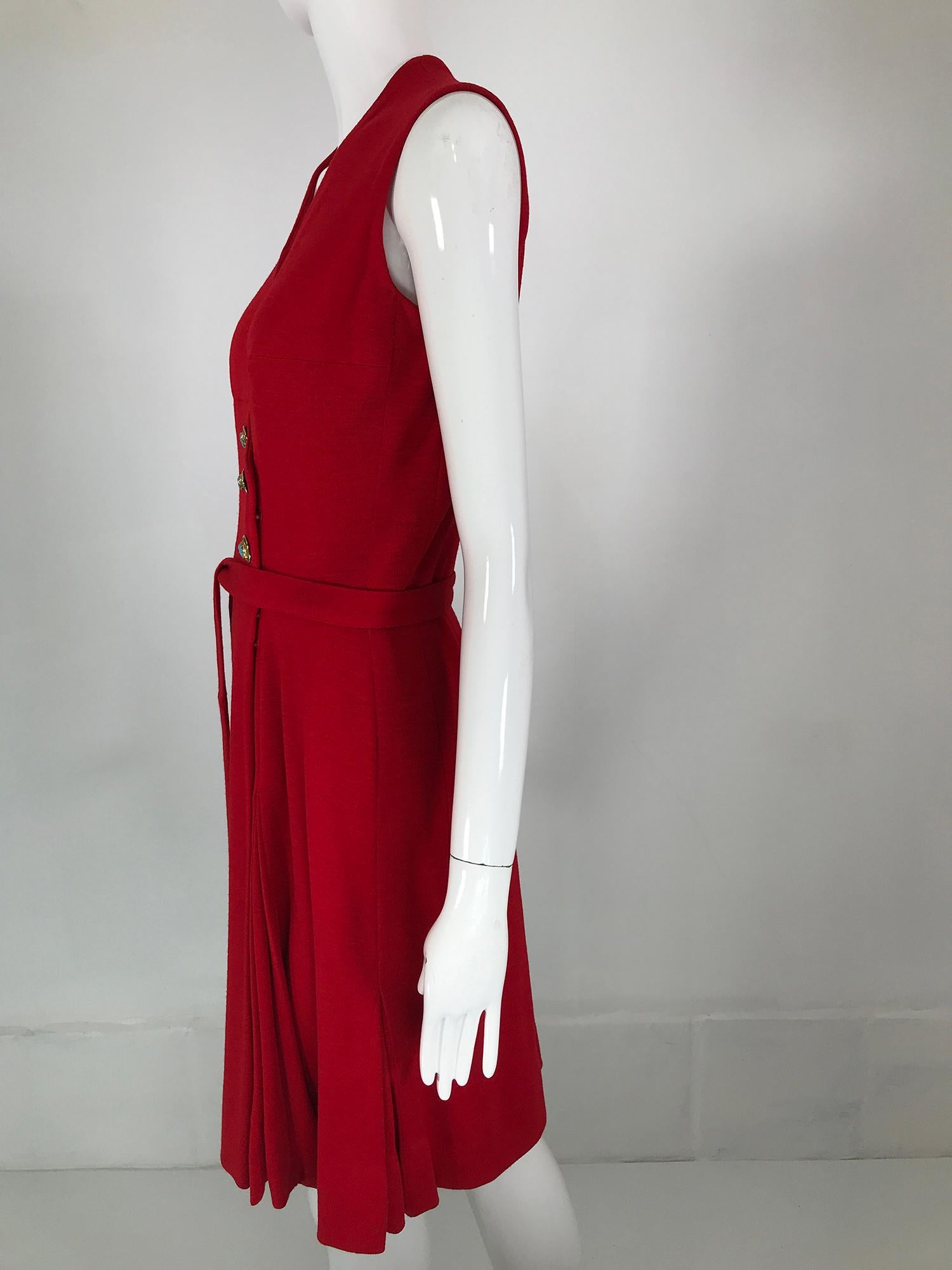 Coco Chanel Red Haute Couture 1950s 2 pc Wool Jersey Jewel Button Dress & Coat  For Sale 8