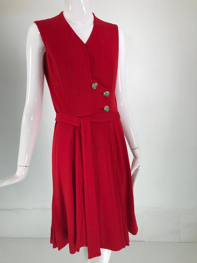 Coco Chanel Red Haute Couture 1950s 2 pc Wool Jersey Jewel Button Dress and  Coat For Sale at 1stDibs