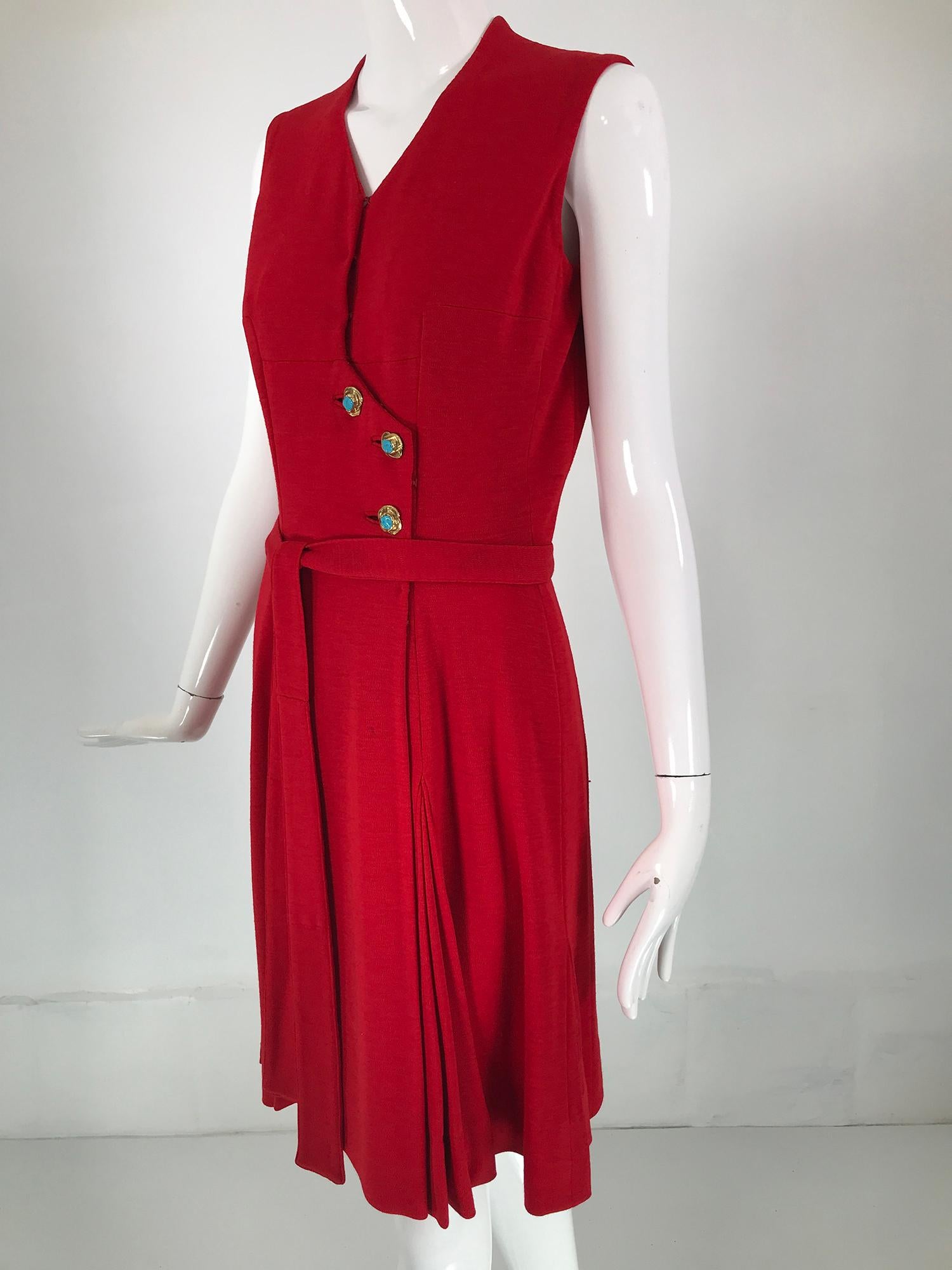 Coco Chanel Red Haute Couture 1950s 2 pc Wool Jersey Jewel Button Dress & Coat  For Sale 10