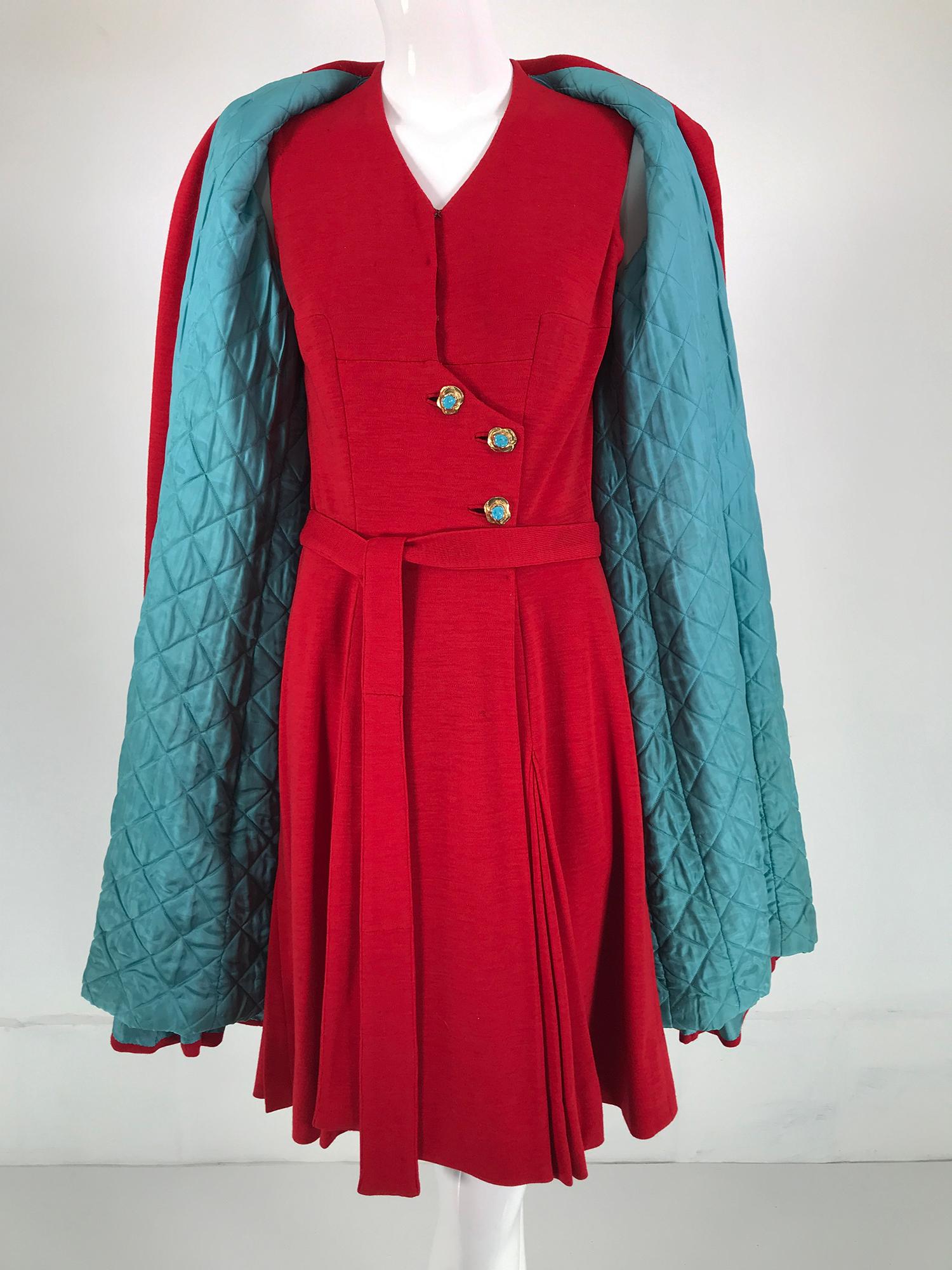 Chanel Red Haute Couture two piece wool knit jersey dress & coat with Gripoix gold & turquoise glass buttons, designed by Coco Chanel from the 1950s. Before Chanel, jersey was a lowly fabric, reserved for undergarments and work wear. It was neither