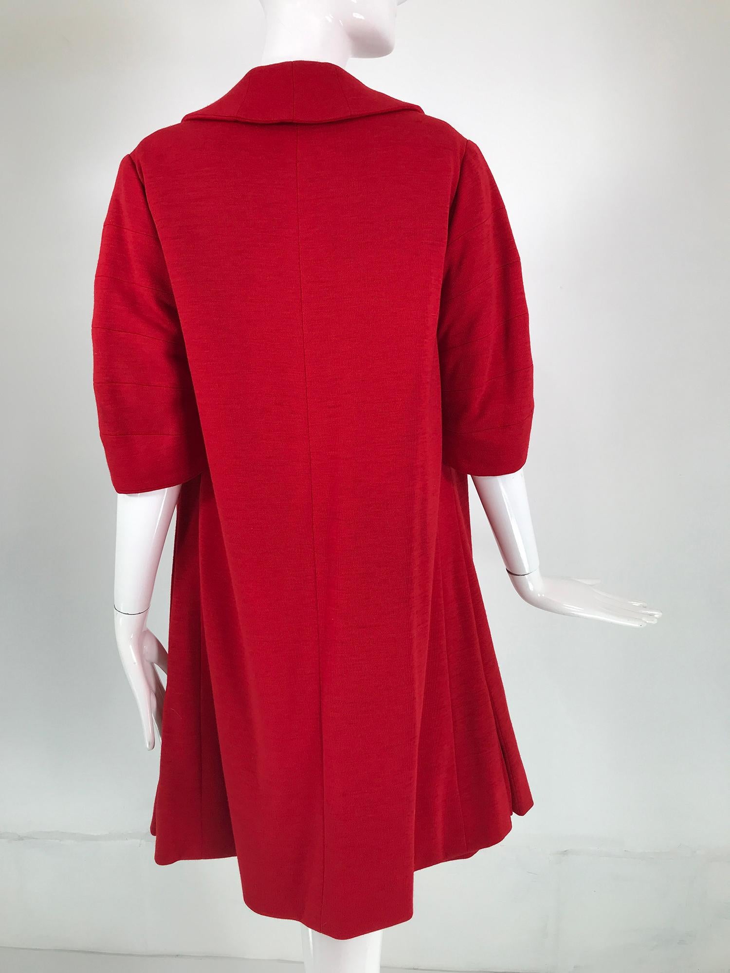 Coco Chanel Red Haute Couture 1950s 2 pc Wool Jersey Jewel Button Dress & Coat  In Good Condition For Sale In West Palm Beach, FL