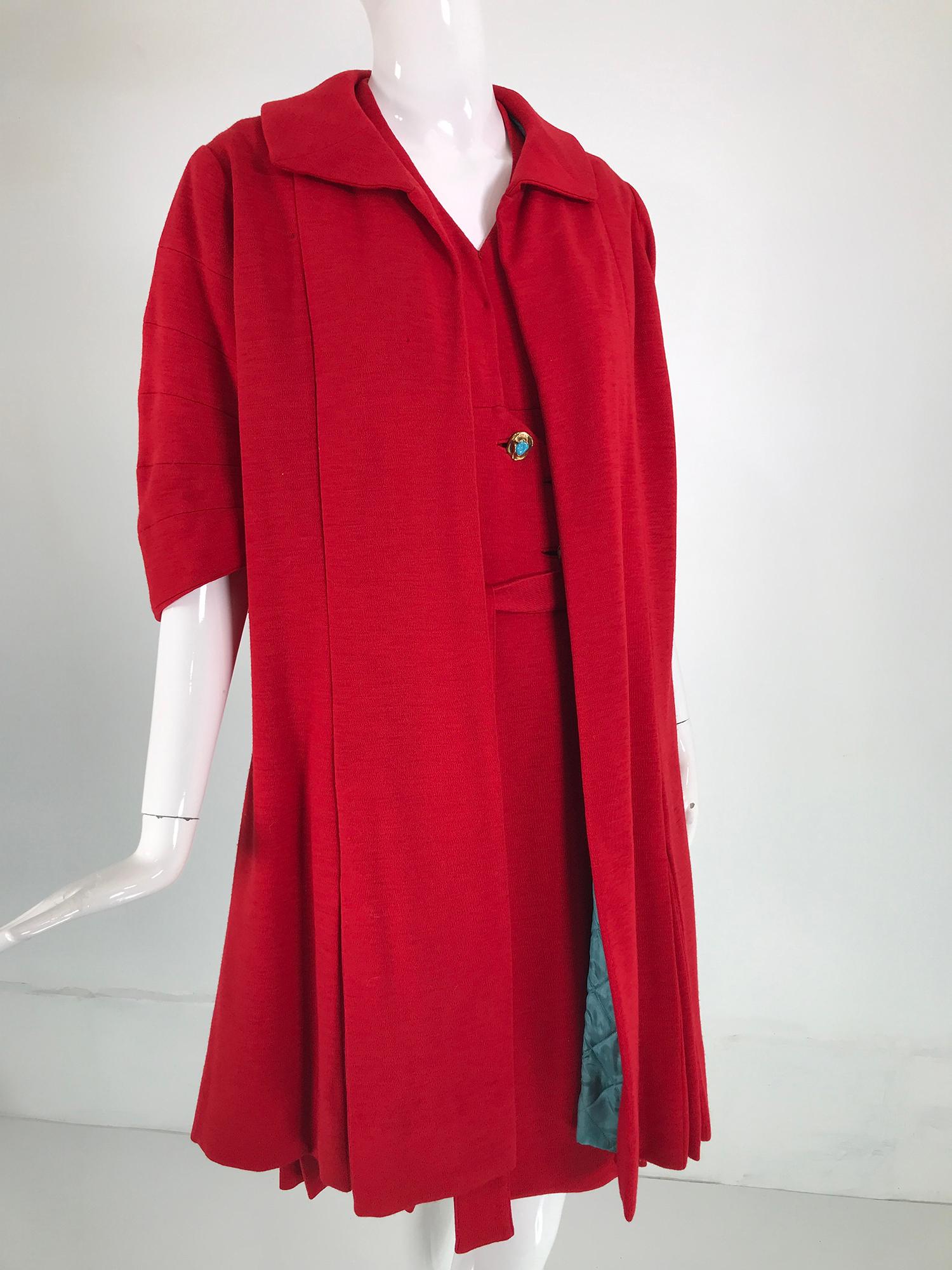 Coco Chanel Red Haute Couture 1950s 2 pc Wool Jersey Jewel Button Dress & Coat  For Sale 1