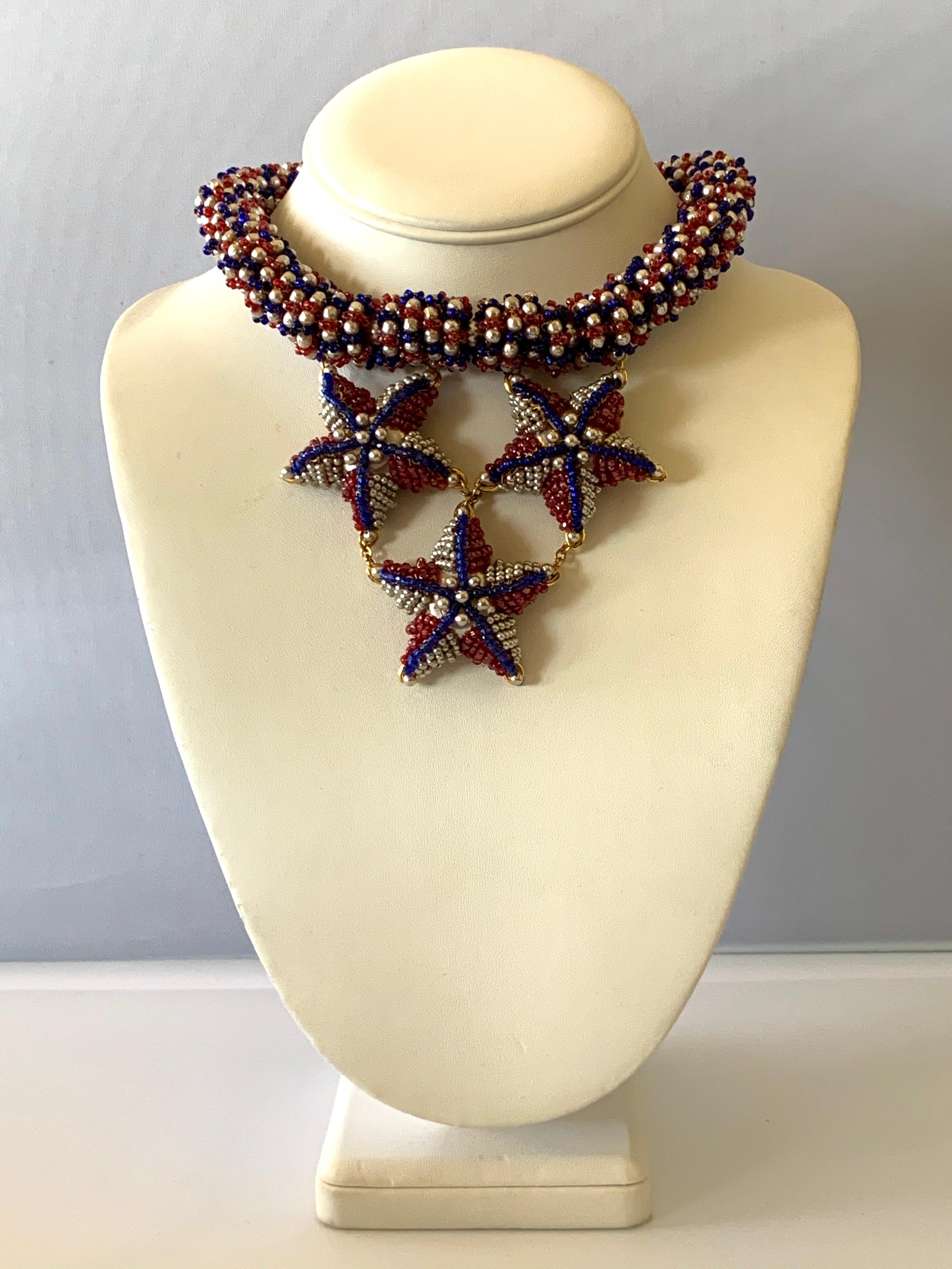Coco Chanel Red, White and Blue Haute Couture Star Statement Necklace In Excellent Condition In Palm Springs, CA