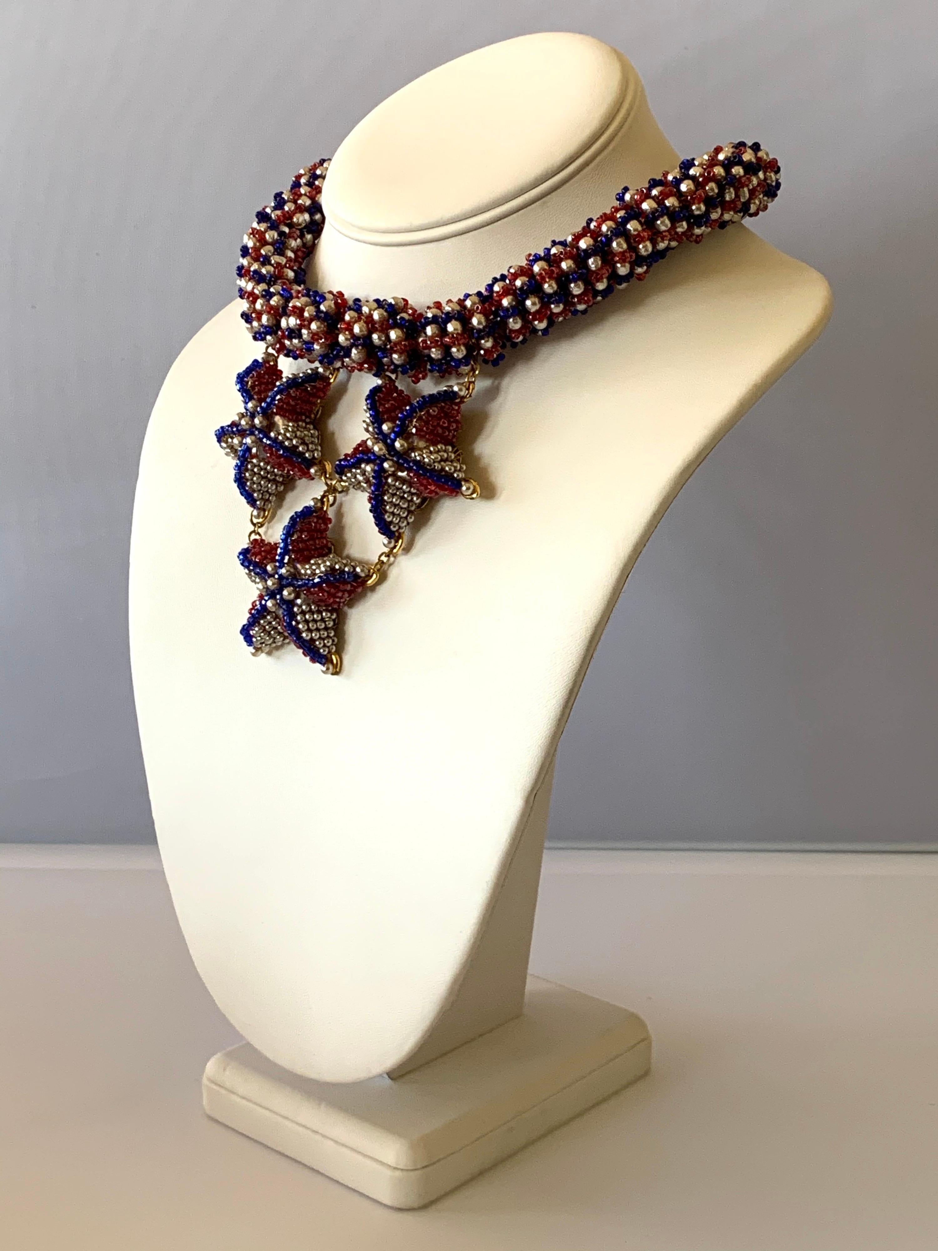 Women's Coco Chanel Red, White and Blue Haute Couture Star Statement Necklace