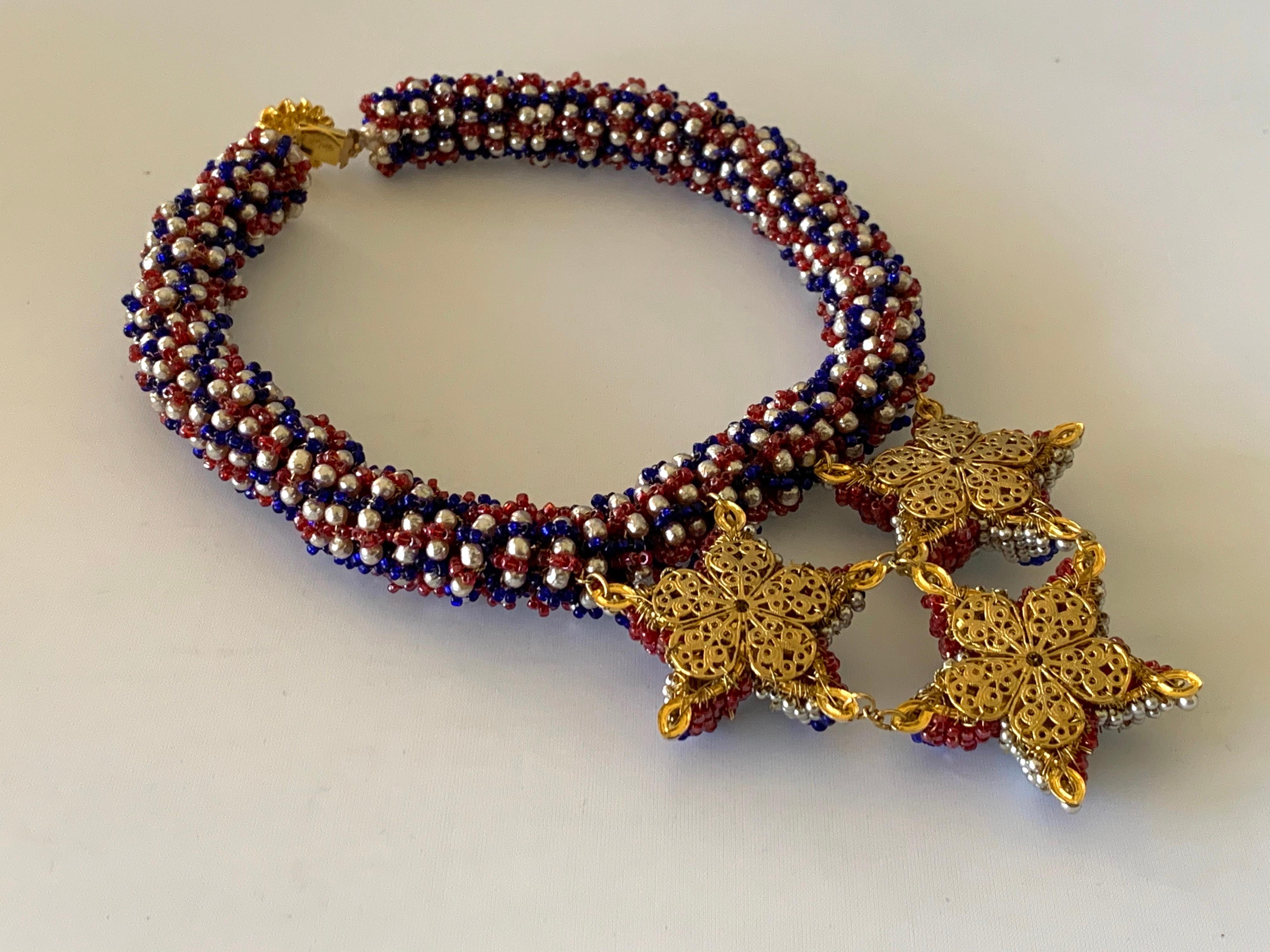 Coco Chanel Red, White and Blue Haute Couture Star Statement Necklace 2