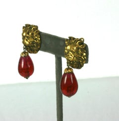 Coco Chanel  Lion Head Ruby Drop Earrings Maison Denez