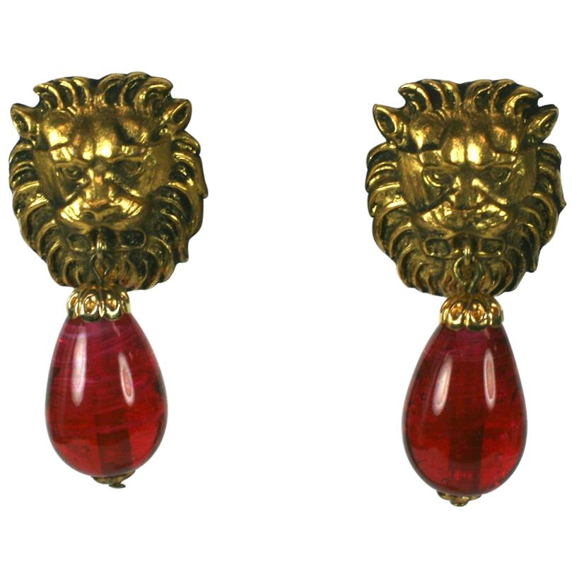 Coco Chanel  Lion Head Ruby Drop Earrings For Sale