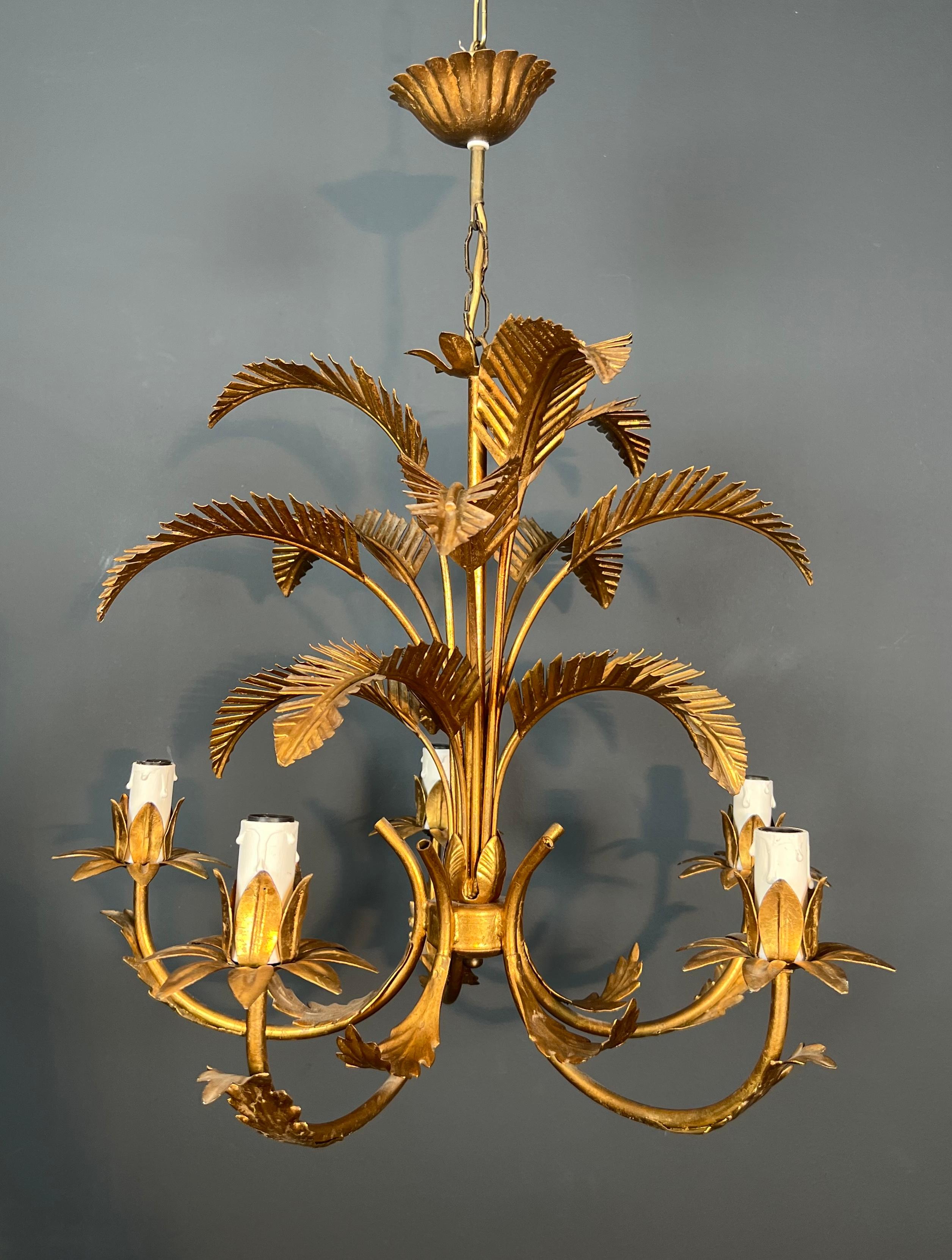 Coco Chanel Style Gilt Iron Palm Tree Chandelier with 5 Arms 6