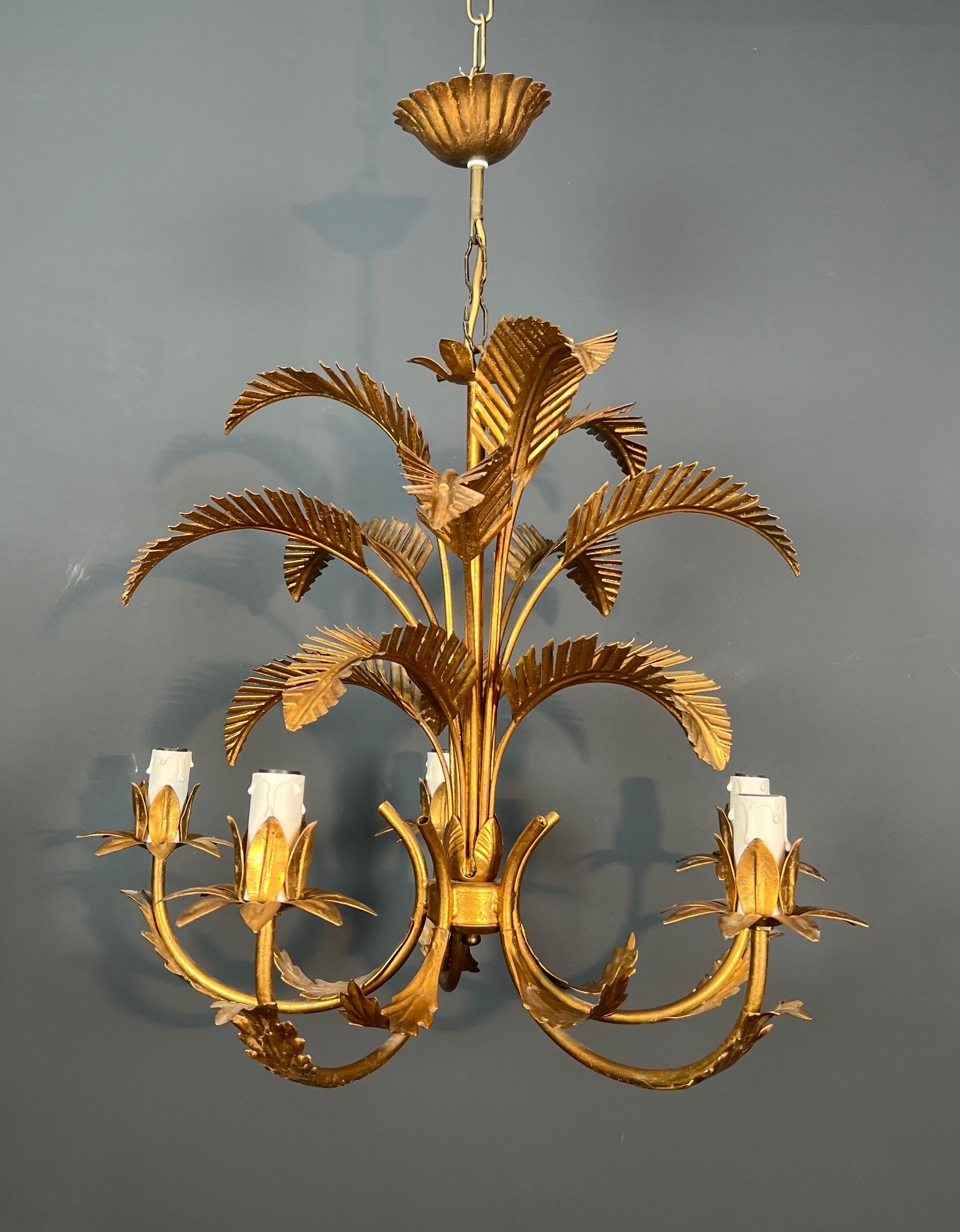 Hollywood Regency Coco Chanel Style Gilt Iron Palm Tree Chandelier with 5 Arms