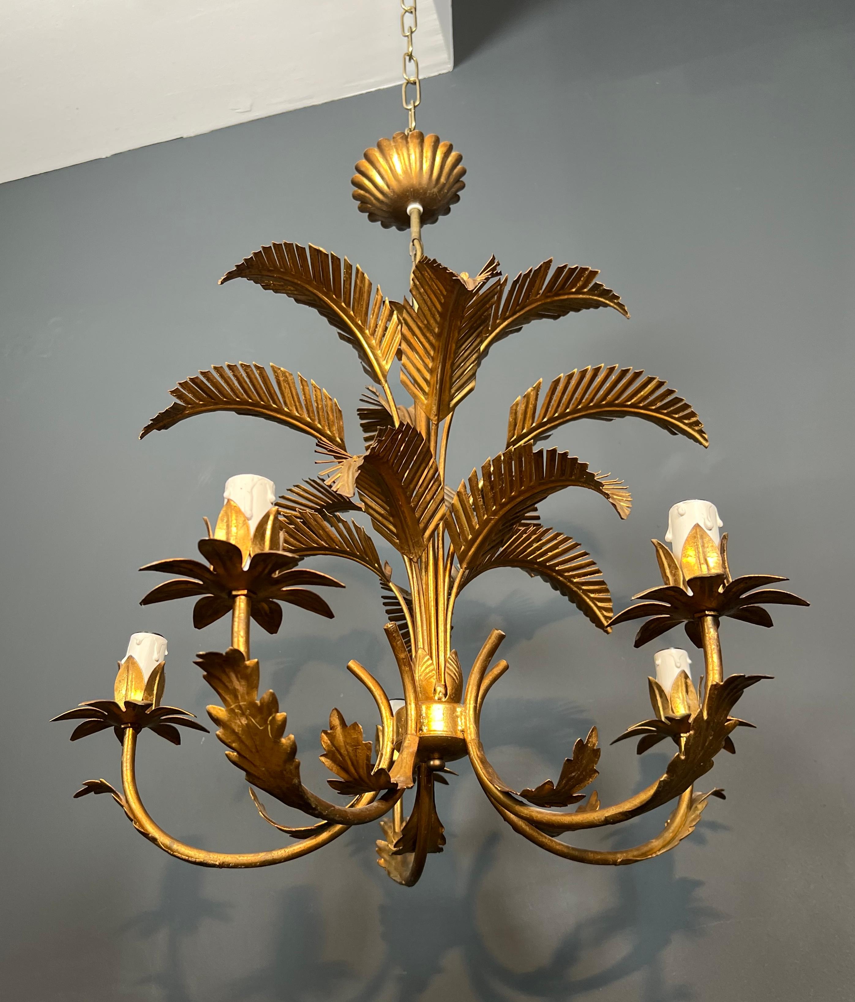 French Coco Chanel Style Gilt Iron Palm Tree Chandelier with 5 Arms