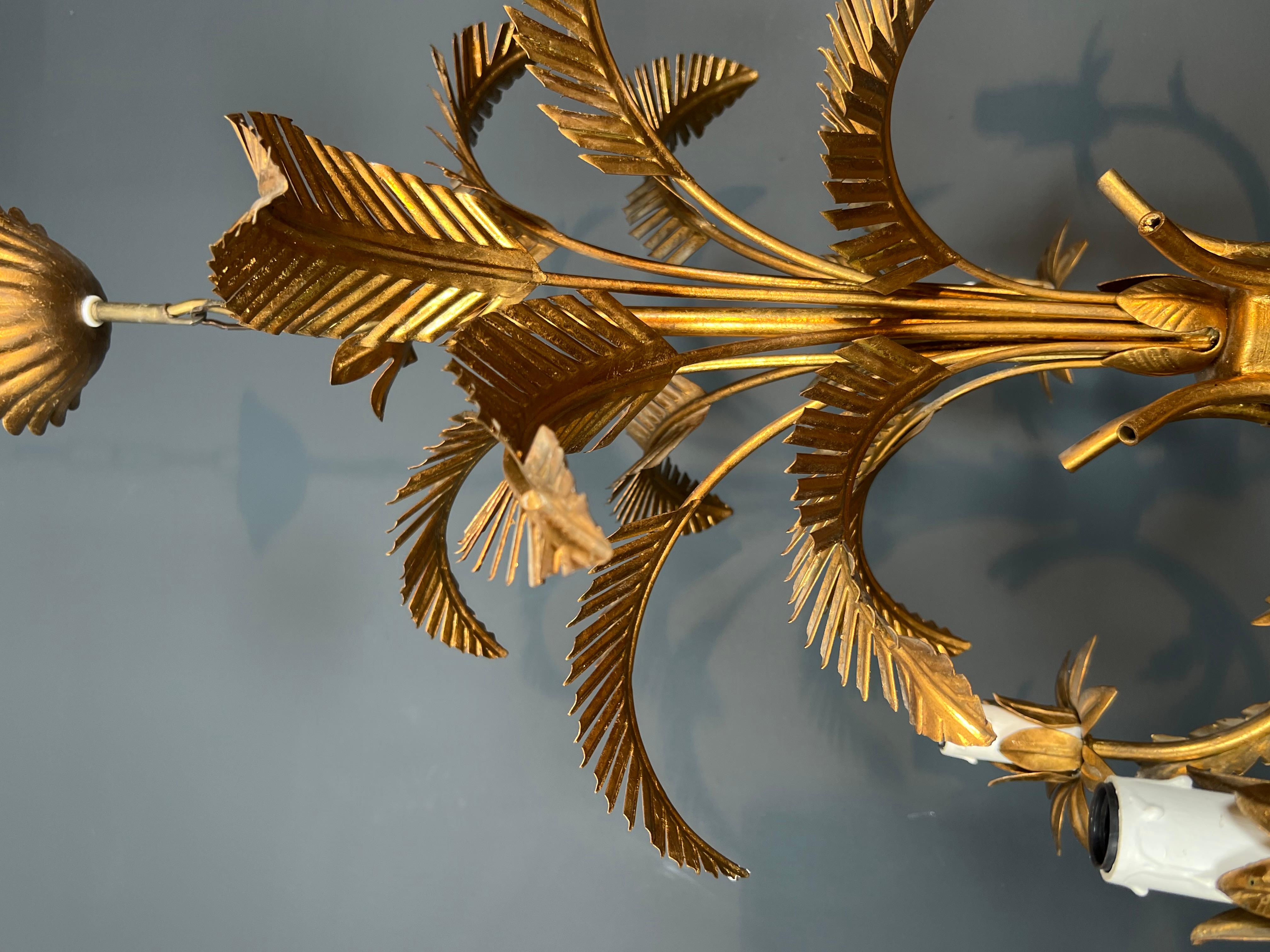 Late 20th Century Coco Chanel Style Gilt Iron Palm Tree Chandelier with 5 Arms