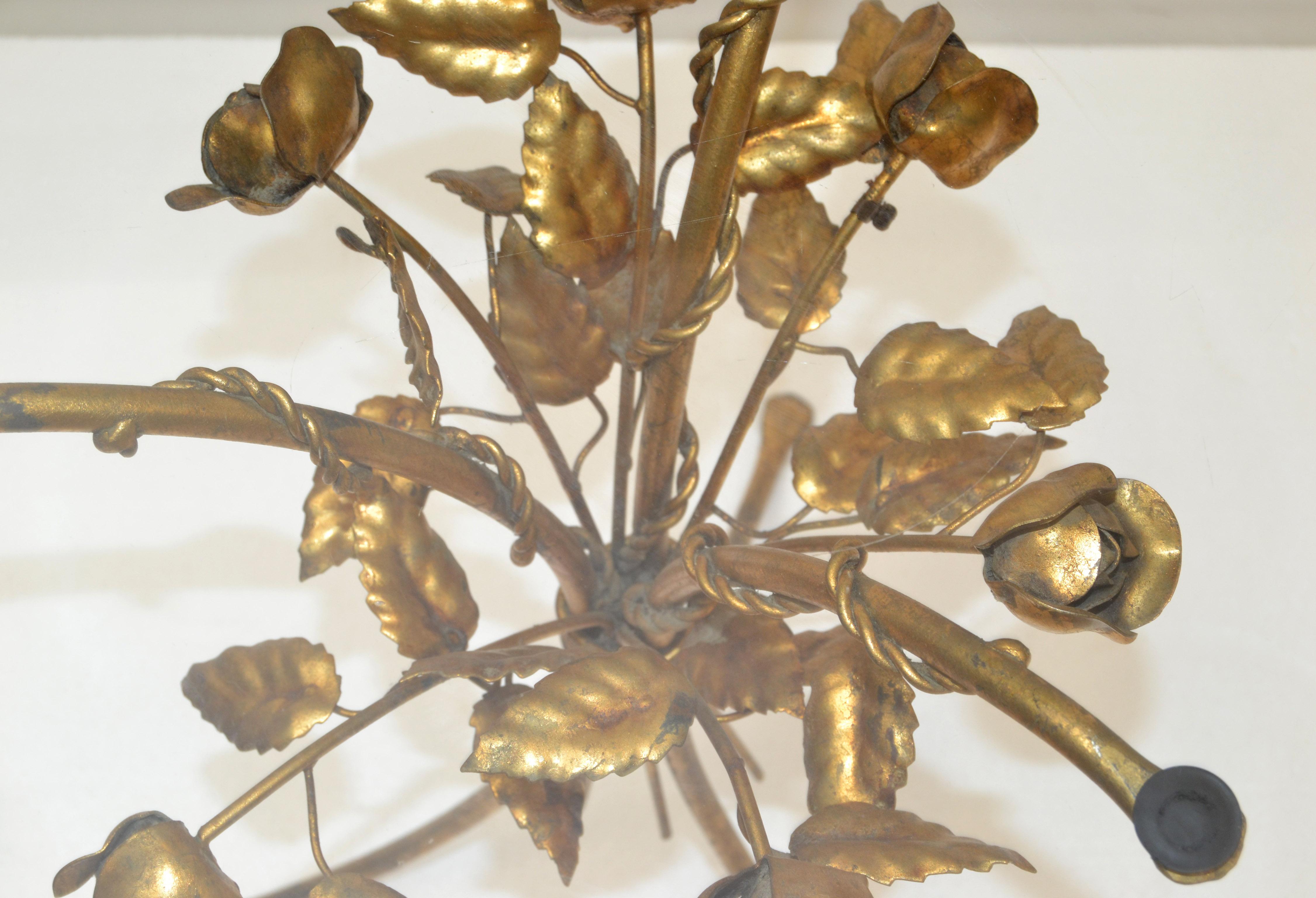 Coco Chanel Style Round Drink Table Gilt Iron Sheaf of Roses Glass Top Italy 60s For Sale 4
