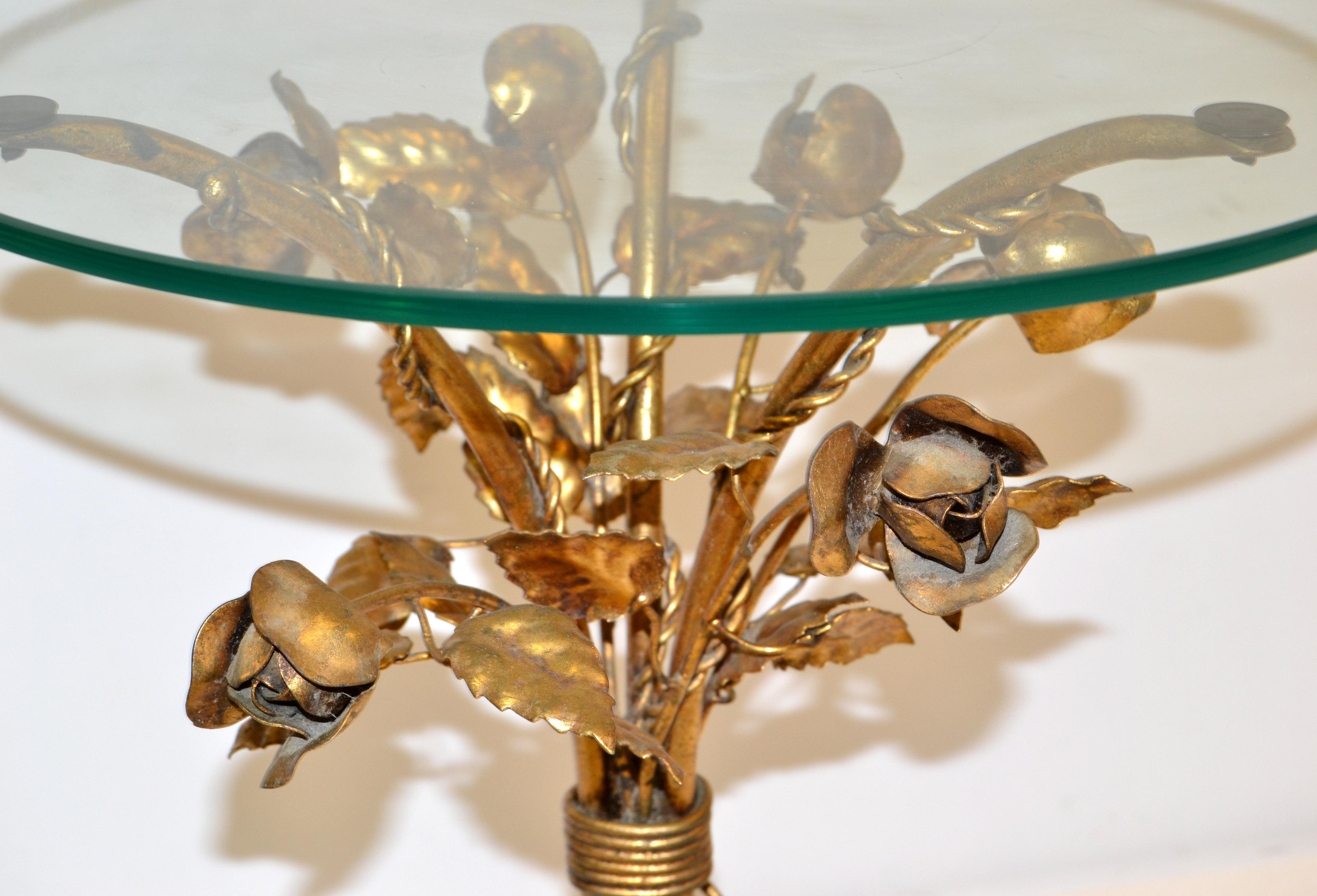 Coco Chanel Style Round Drink Table Gilt Iron Sheaf of Roses Glass Top Italy 60s In Good Condition For Sale In Miami, FL
