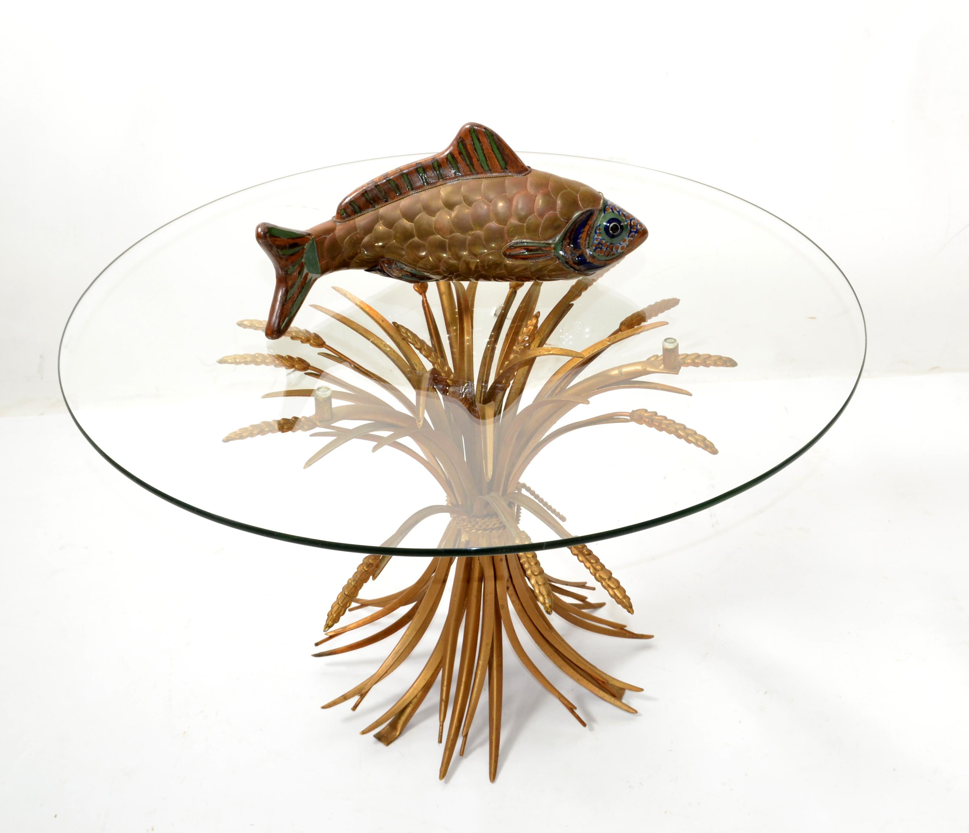Table basse ronde de style Coco Chanel en fer doré avec plateau en verre de gerbe de blé Italie 7