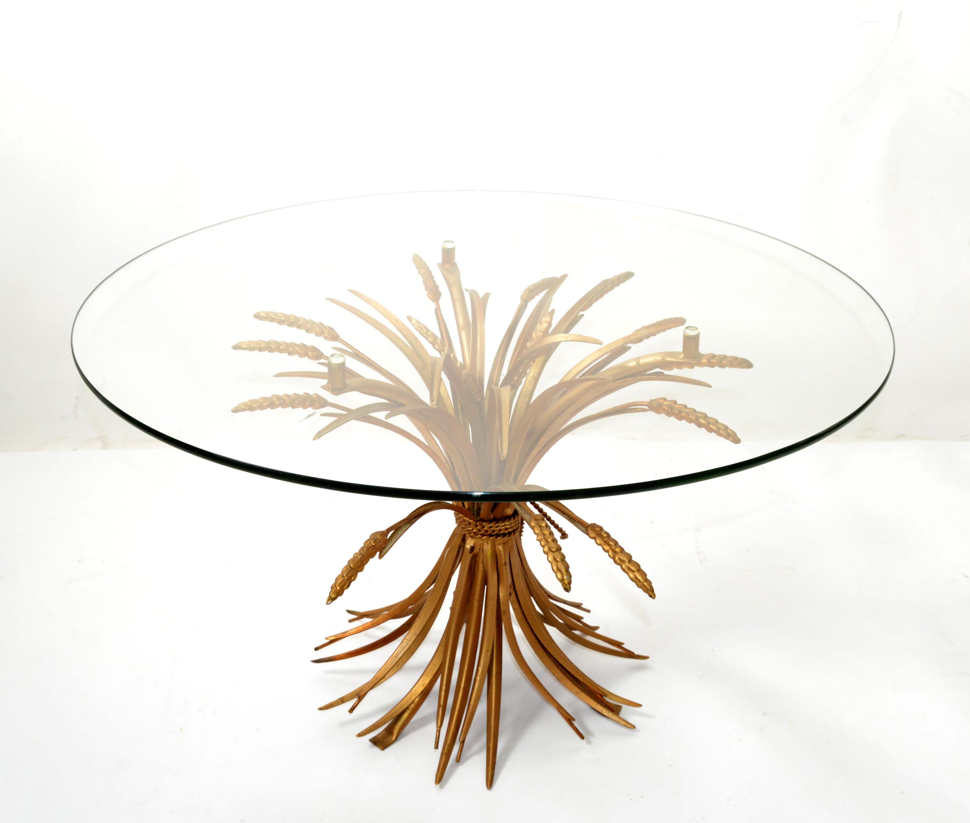 Hollywood Regency Coco Chanel Style Round Coffee Table Gilt Iron Sheaf of Wheat Glass Top Italy For Sale