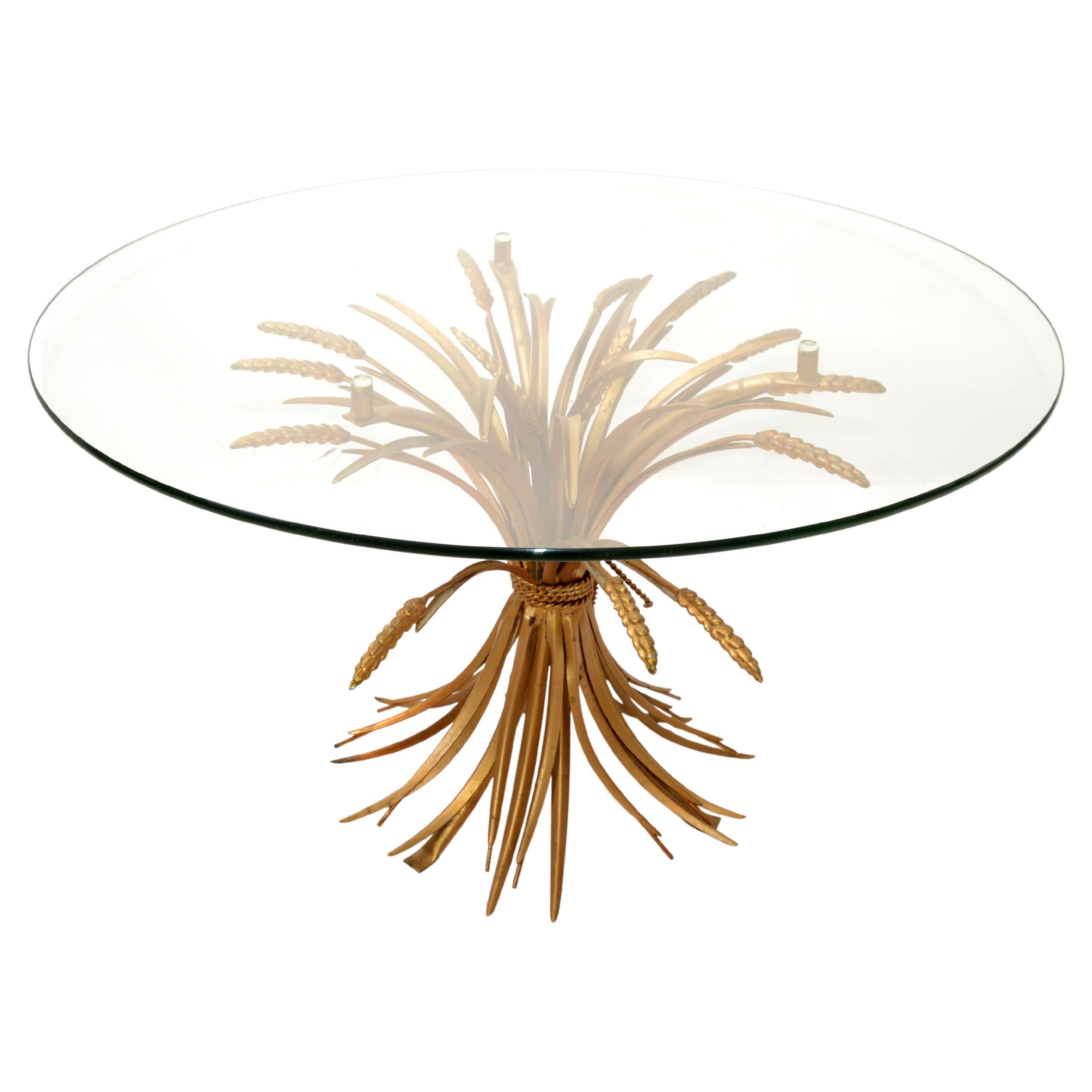 Coco Chanel Style Round Coffee Table Gilt Iron Sheaf of Wheat Glass Top Italy For Sale