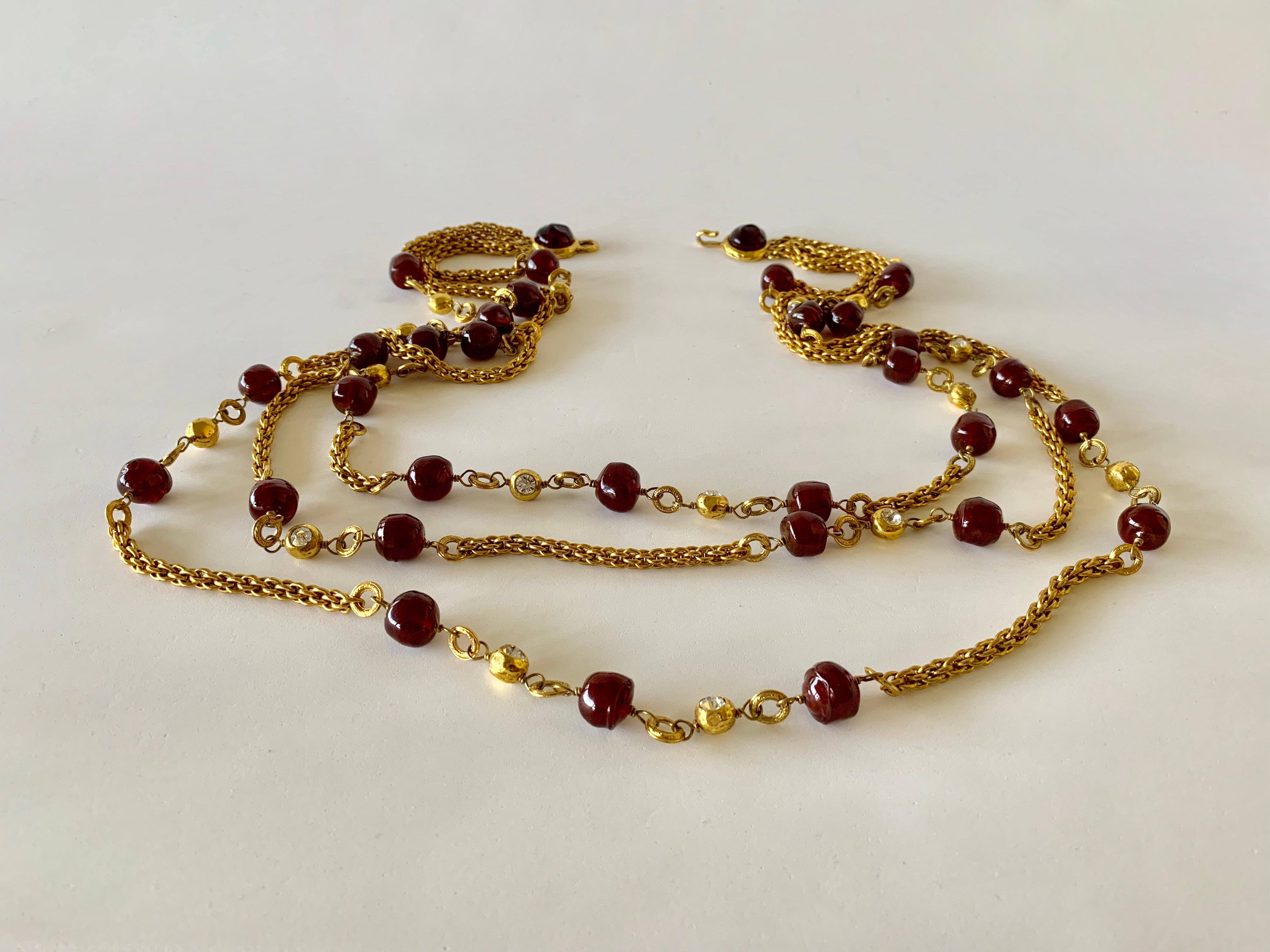  Chanel Gilt Red Triple Strand Diamante Statement Necklace 5