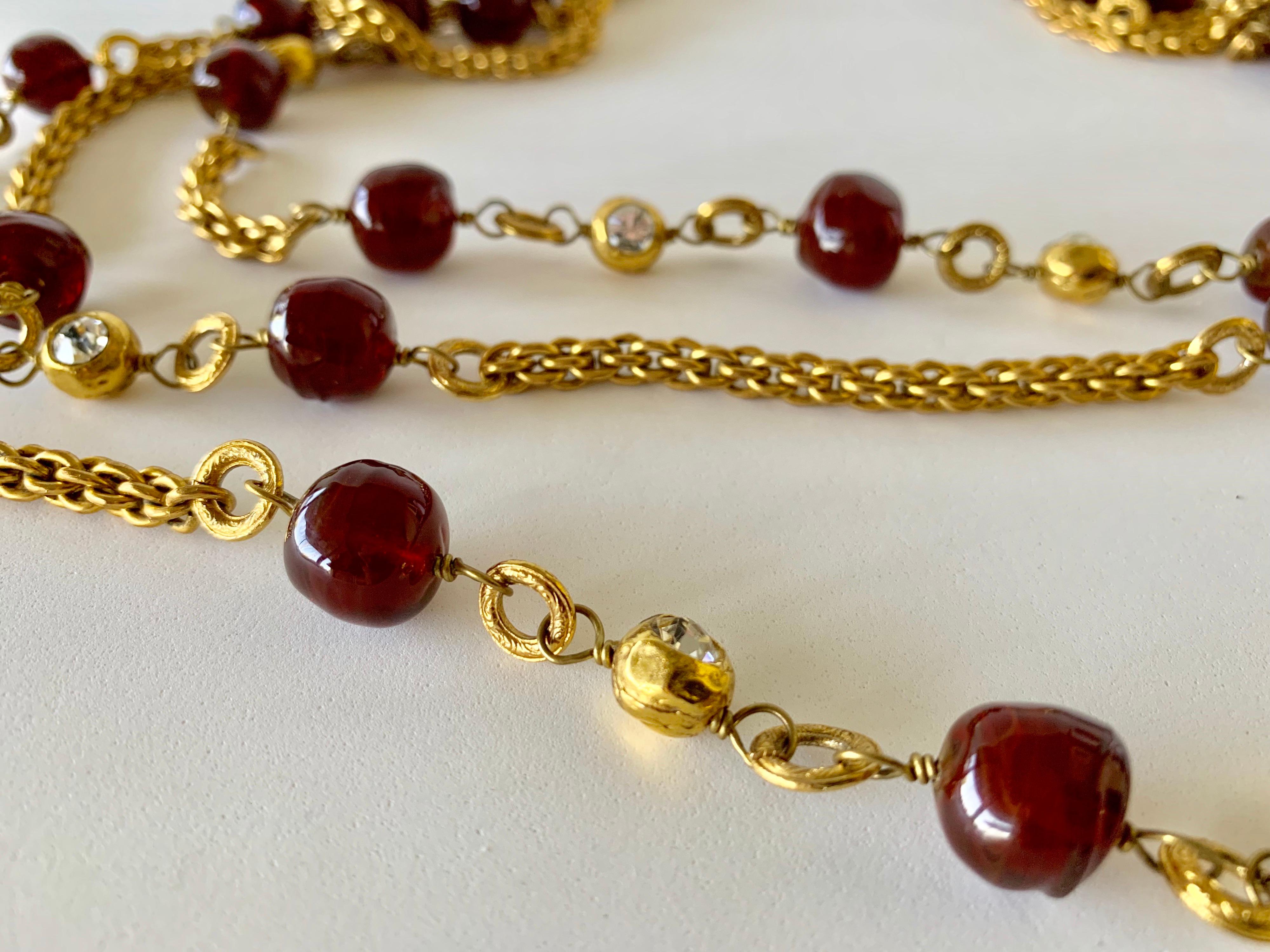  Chanel Gilt Red Triple Strand Diamante Statement Necklace 6