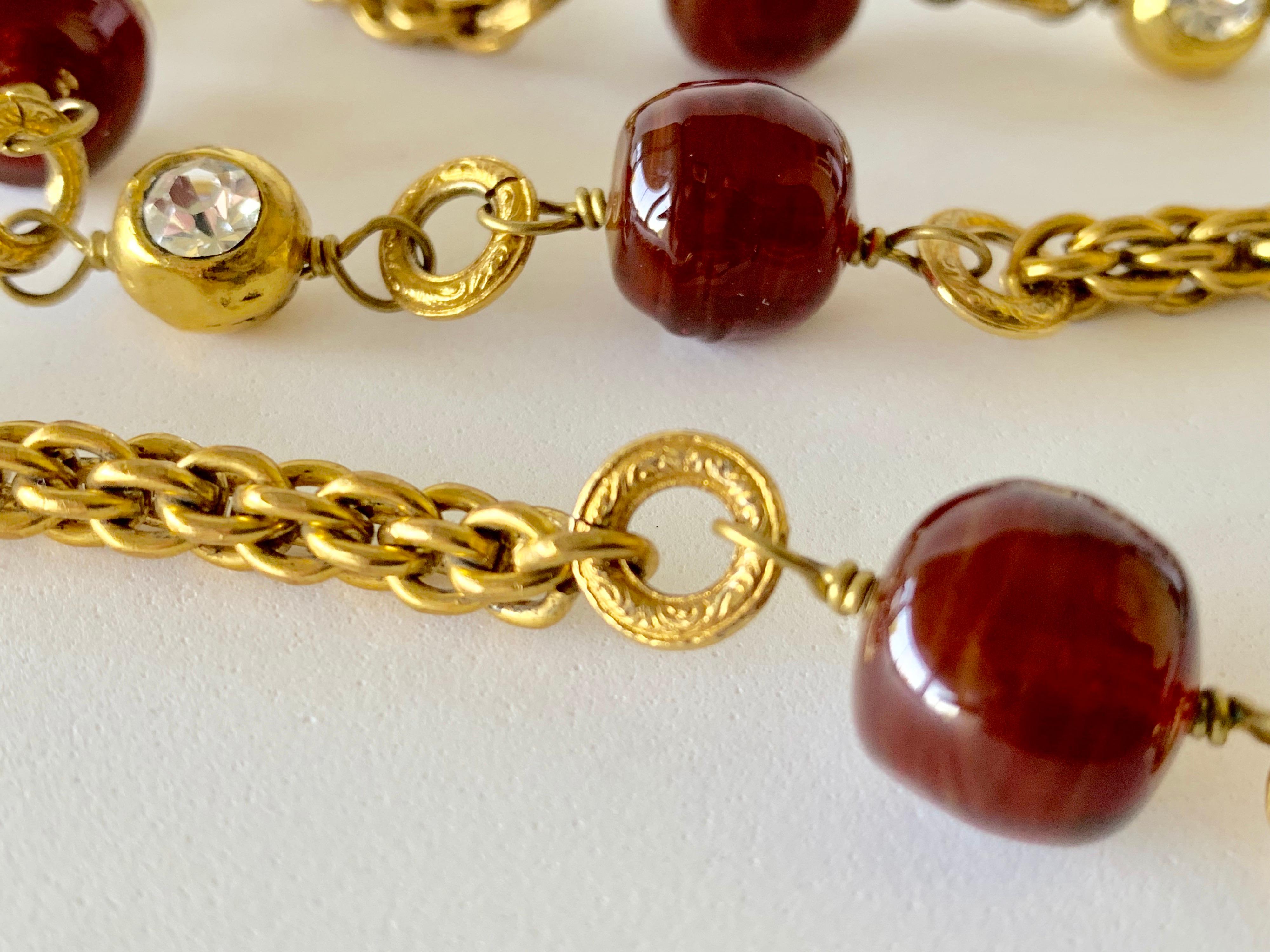  Chanel Gilt Red Triple Strand Diamante Statement Necklace 8