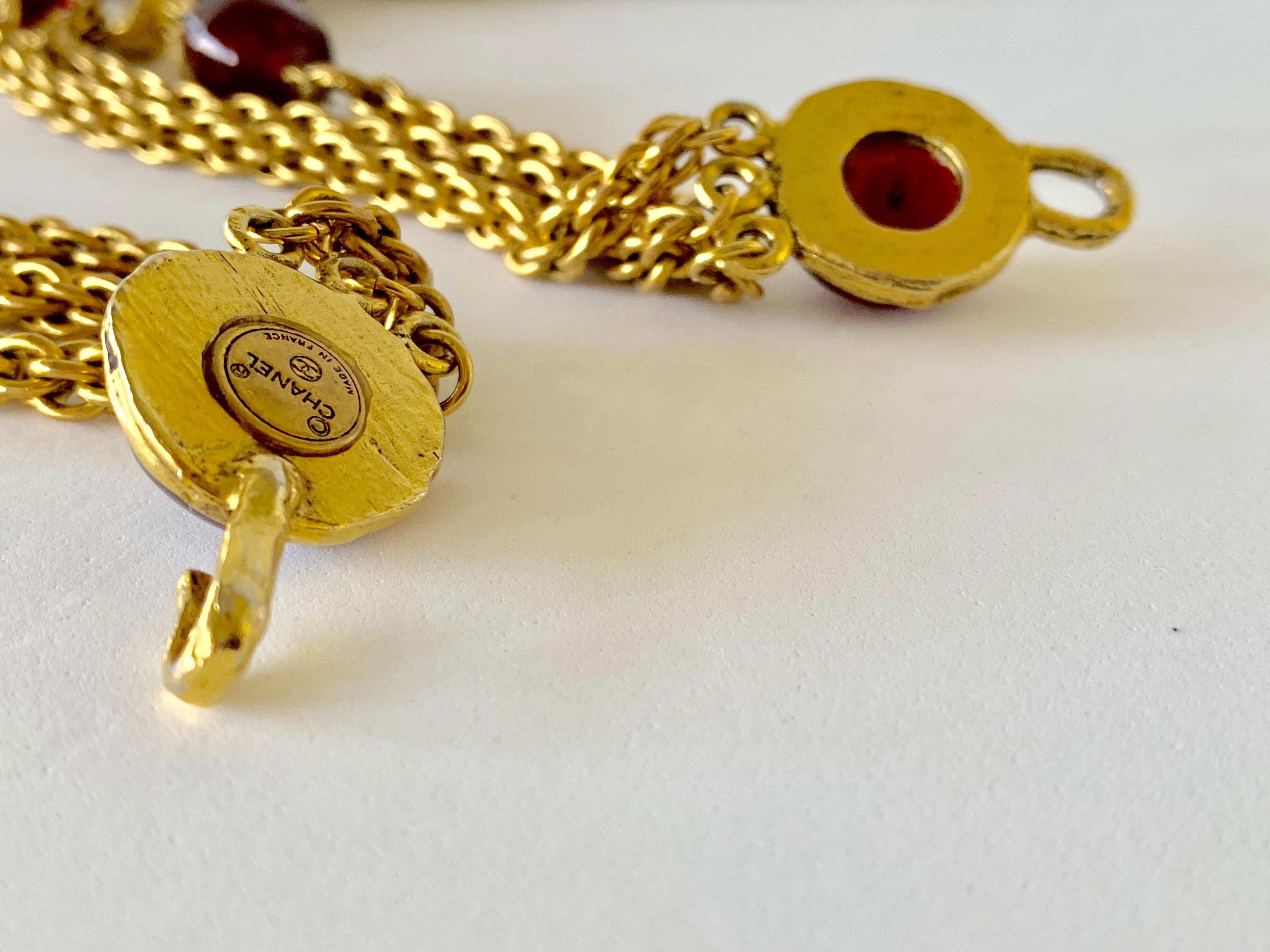  Chanel Gilt Red Triple Strand Diamante Statement Necklace 10
