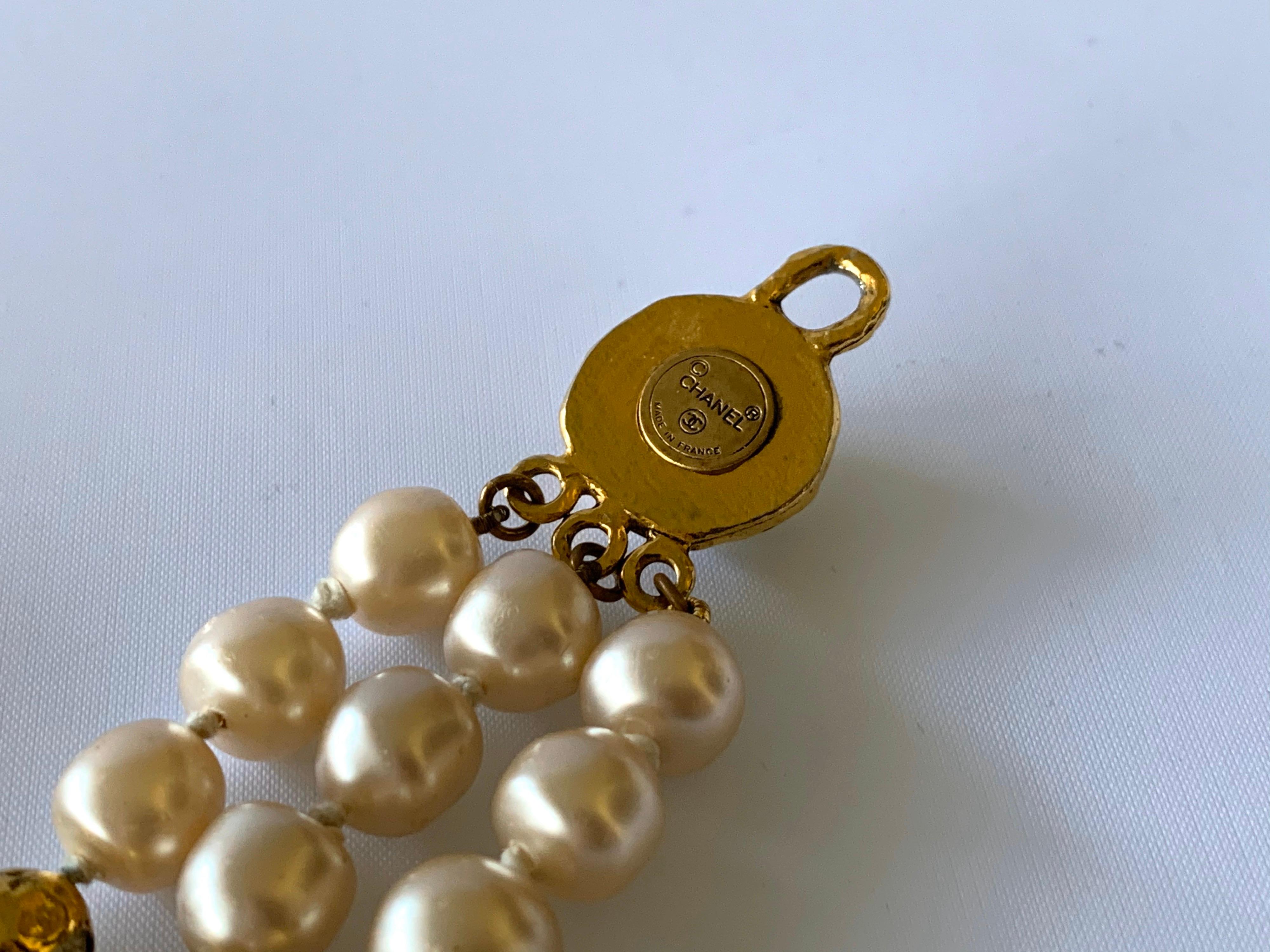 Coco Chanel Vintage Triple Strand Pearl Diamante Statement Necklace 2