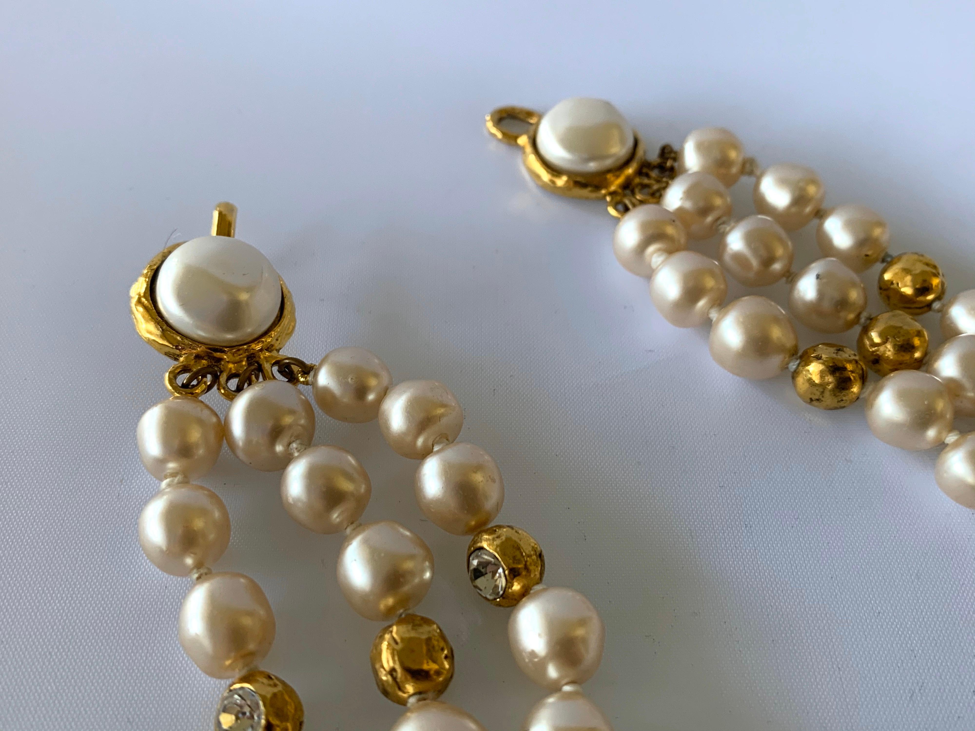 Coco Chanel Vintage Triple Strand Pearl Diamante Statement Necklace In Excellent Condition In Palm Springs, CA