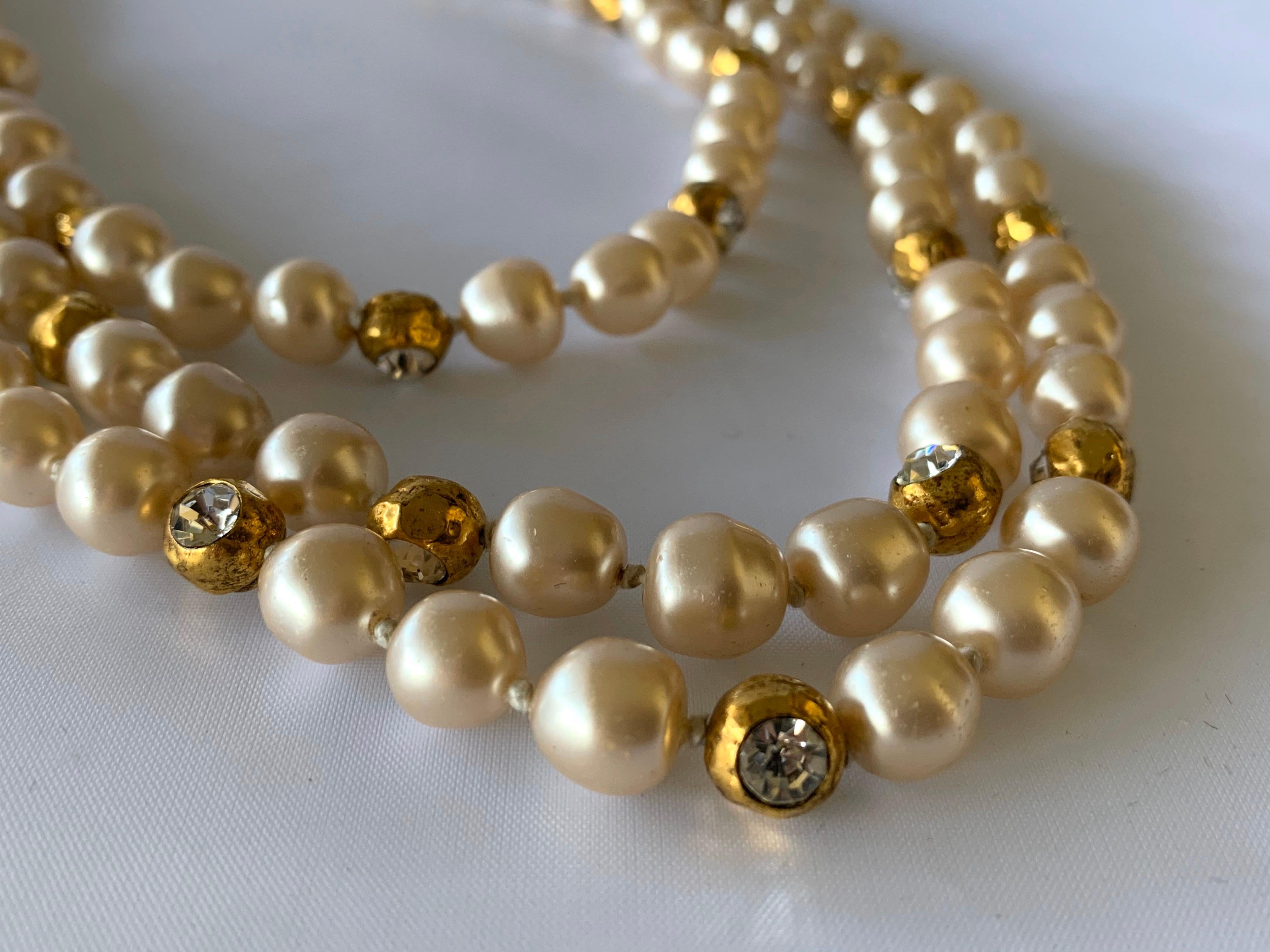 Women's Coco Chanel Vintage Triple Strand Pearl Diamante Statement Necklace