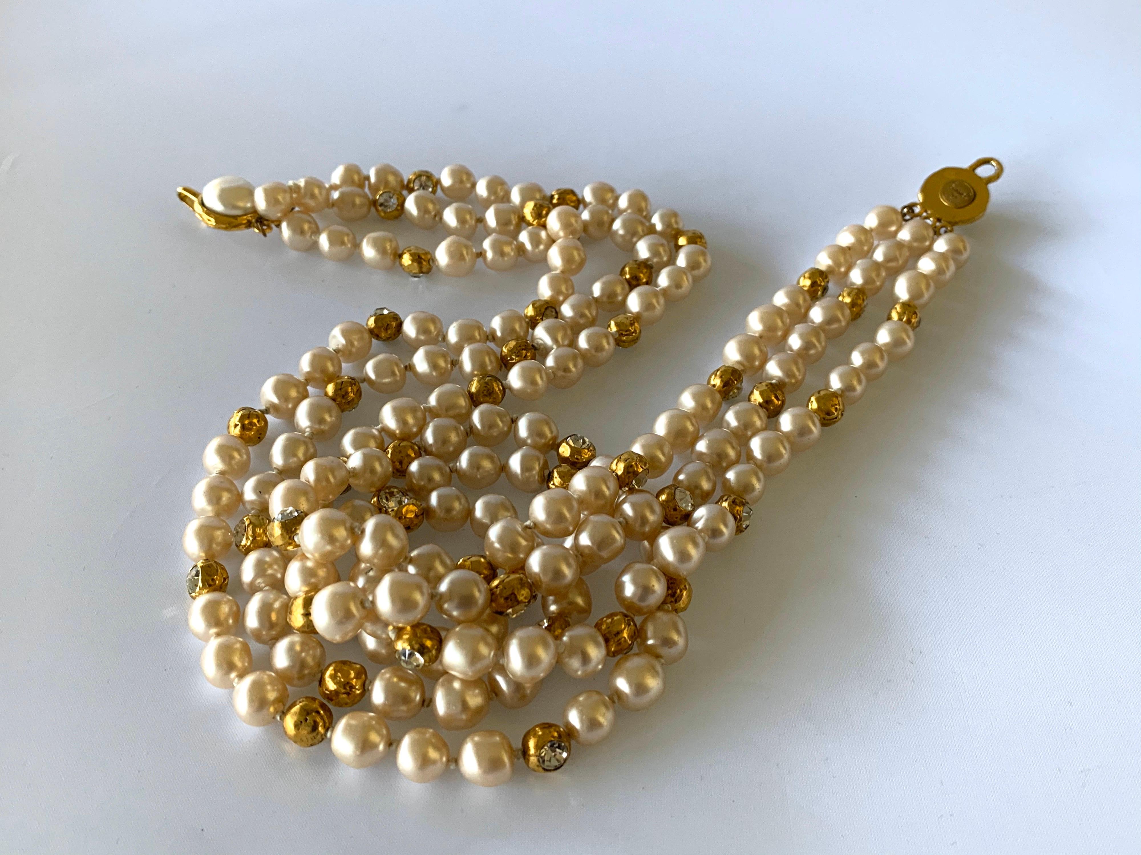 Coco Chanel Vintage Triple Strand Pearl Diamante Statement Necklace 1