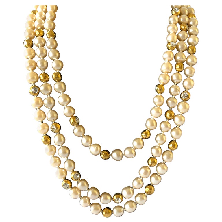 Coco Chanel Vintage Triple Strand Pearl Diamante Statement Necklace at  1stDibs  chanel statement necklace, triple strand pearl necklace, coco  chanel necklace pearl