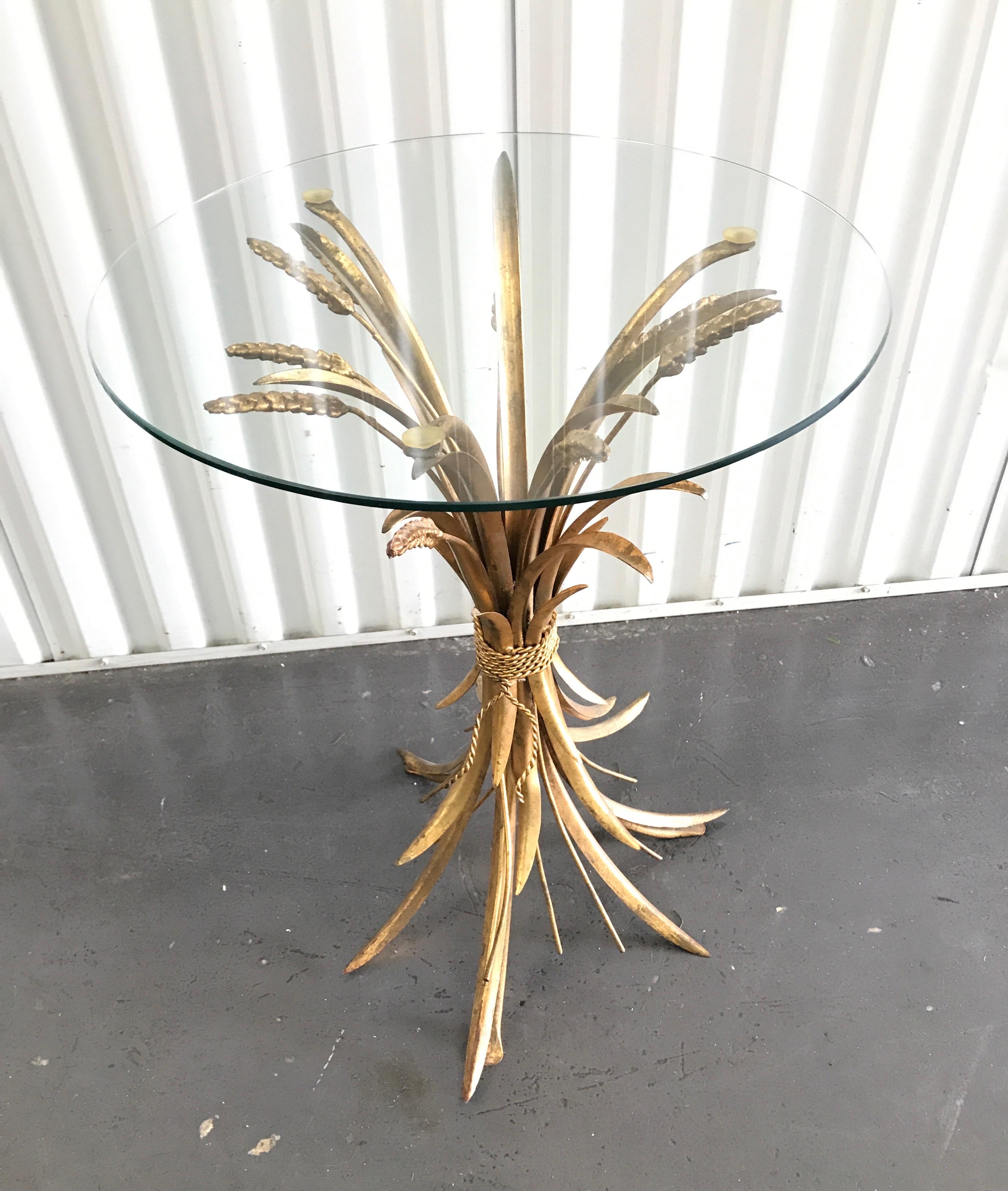 Coco Chanel Wheat Sheaf Gilded Metal Glass Top Side Table In Good Condition In West Palm Beach, FL