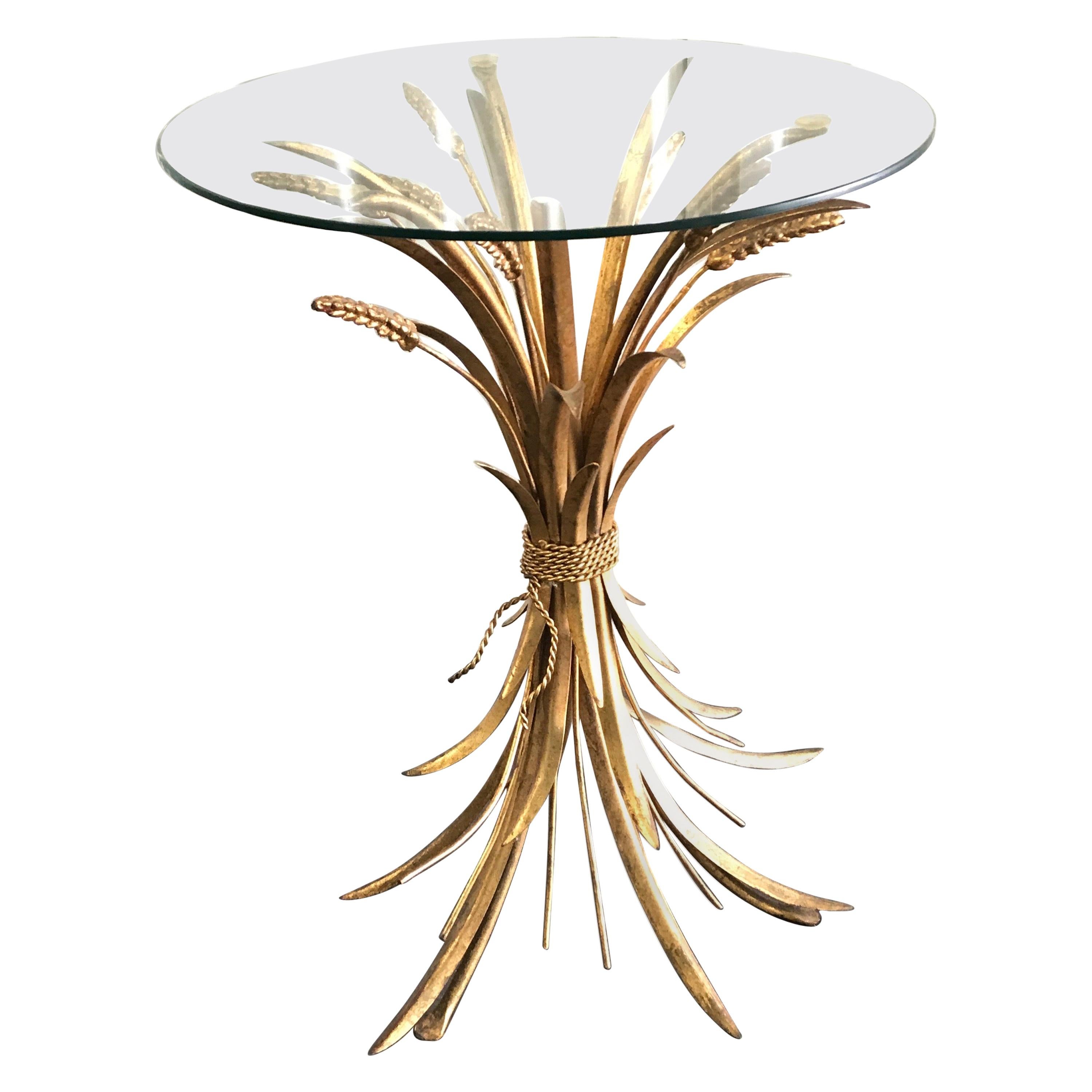 Coco Chanel Wheat Sheaf Gilded Metal Glass Top Side Table