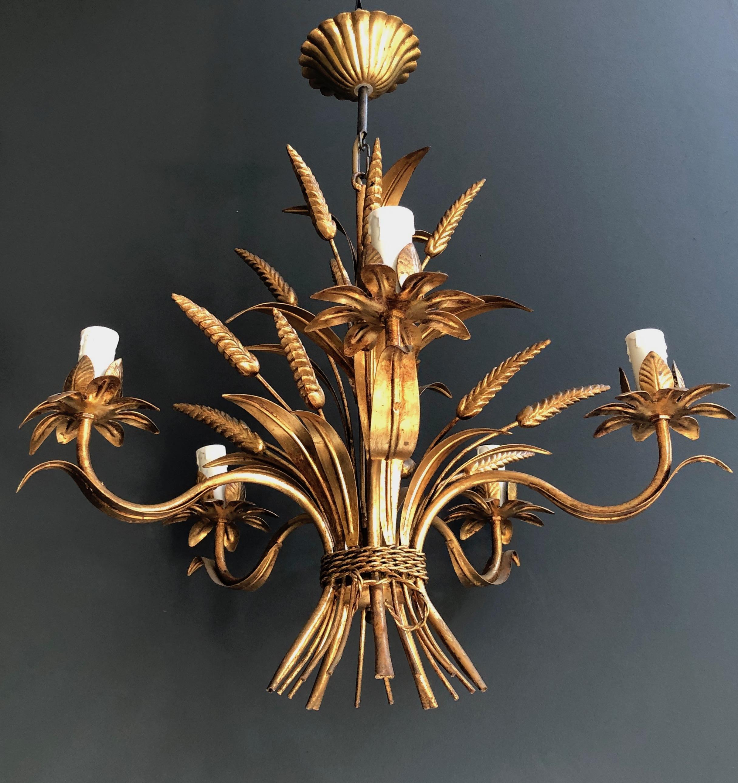 Coco Channel Wheat Gilt Metal Chandelier, French Work, circa 1970 6