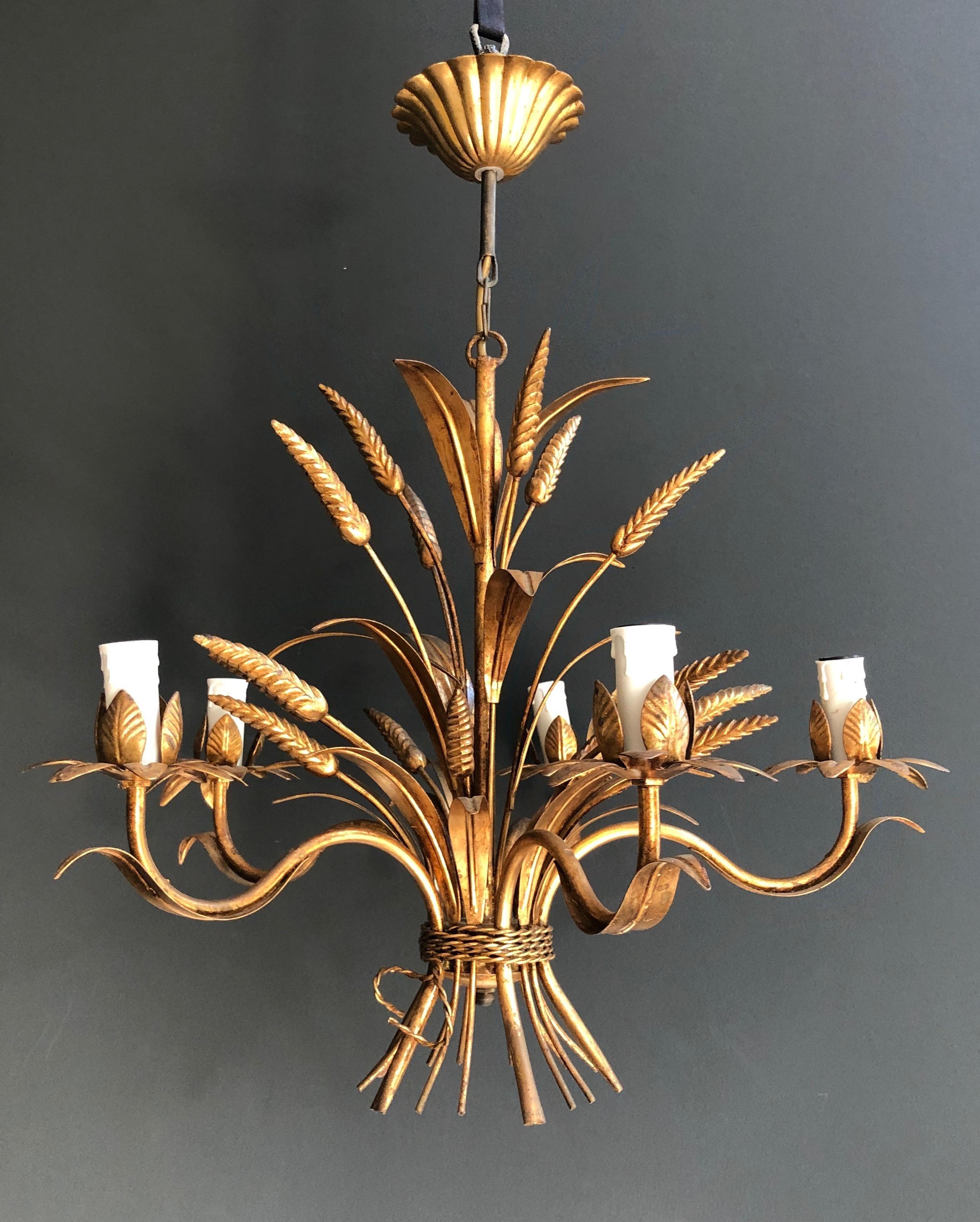 Coco Channel Wheat Gilt Metal Chandelier, French Work, circa 1970 7