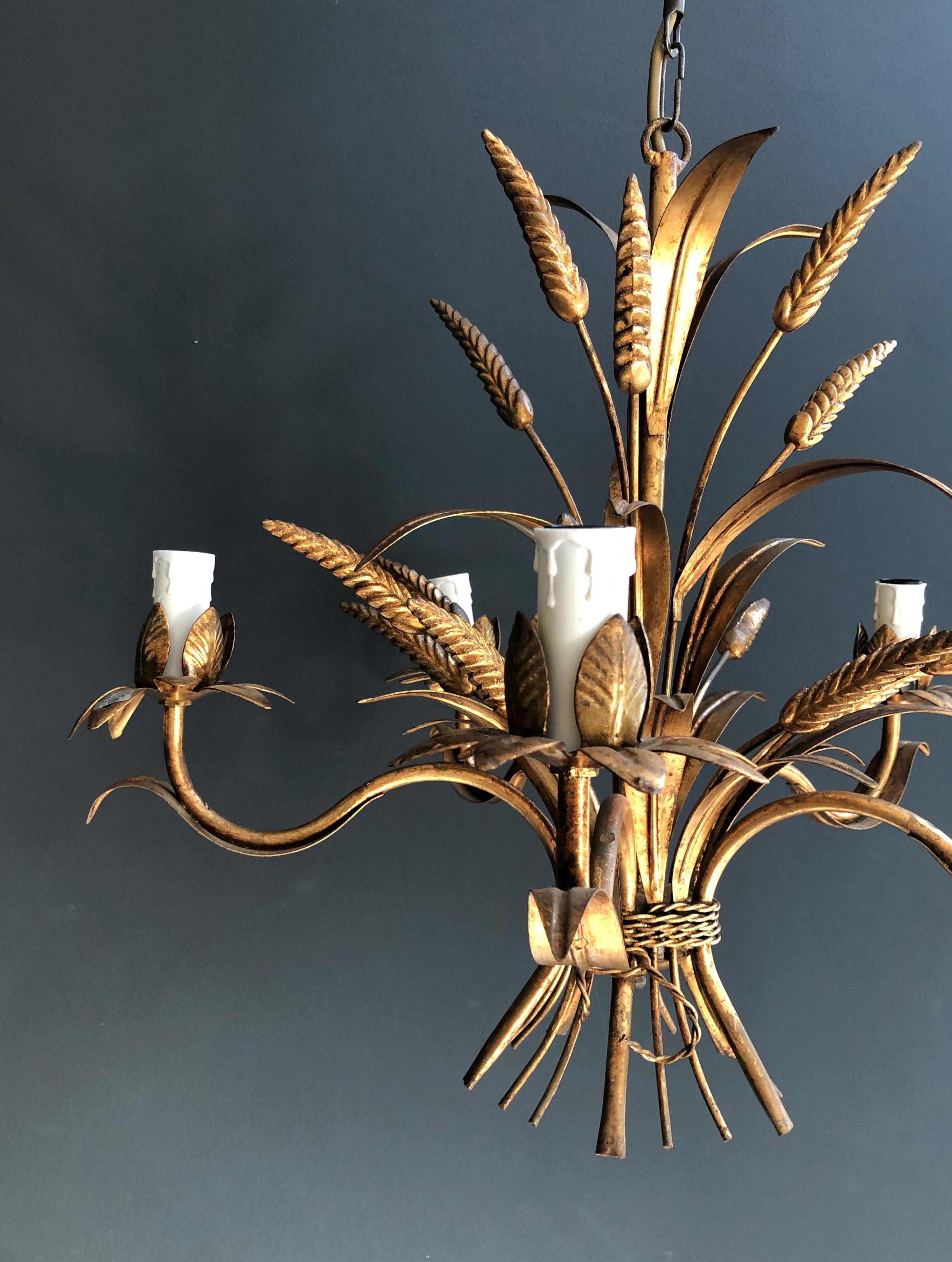 Coco Channel Wheat Gilt Metal Chandelier, French Work, circa 1970 8