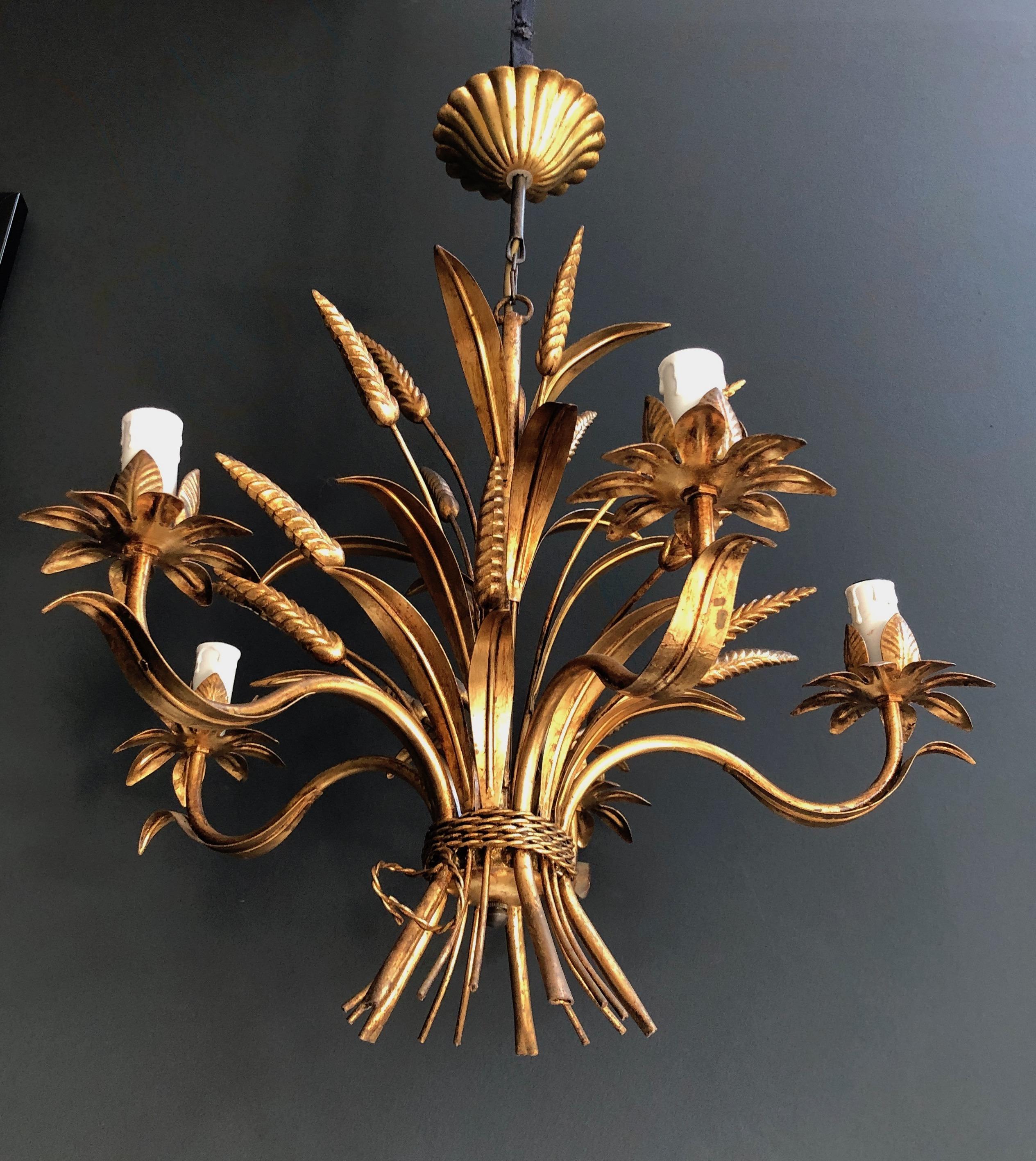 Coco Channel Wheat Gilt Metal Chandelier, French Work, circa 1970 13