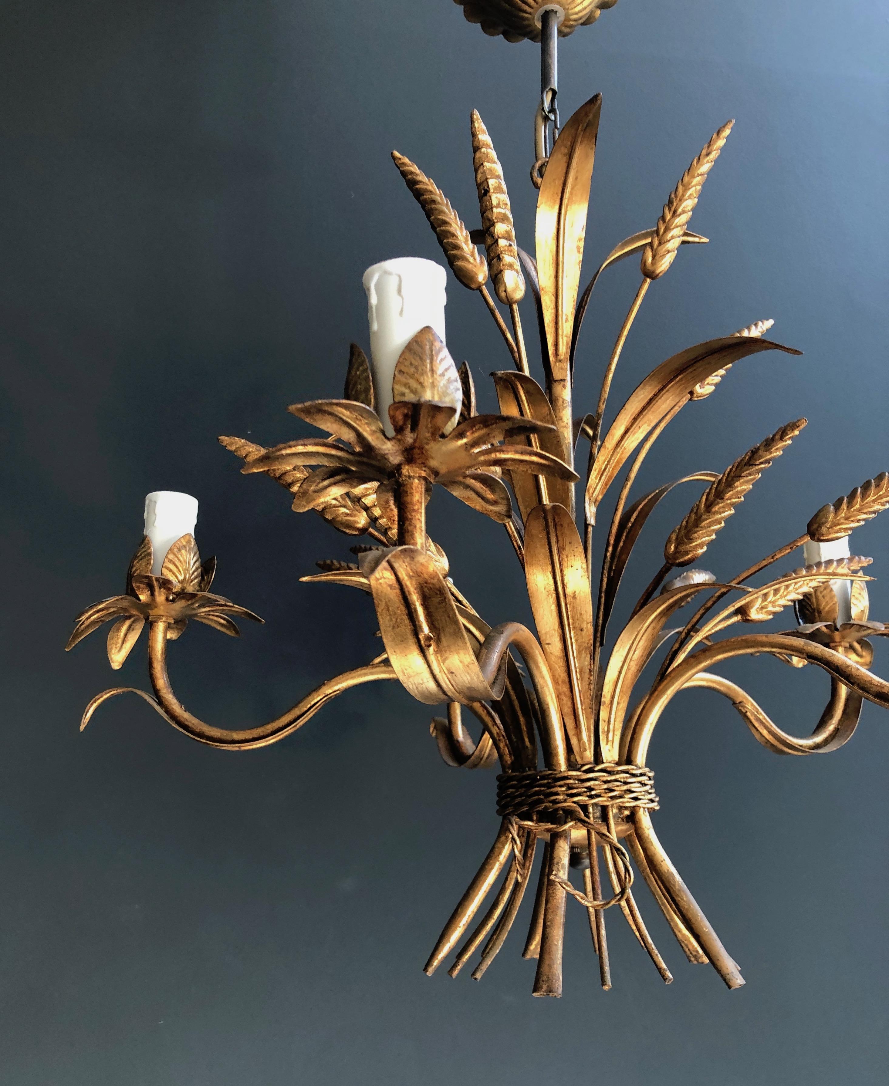 Coco Channel Wheat Gilt Metal Chandelier, French Work, circa 1970 1
