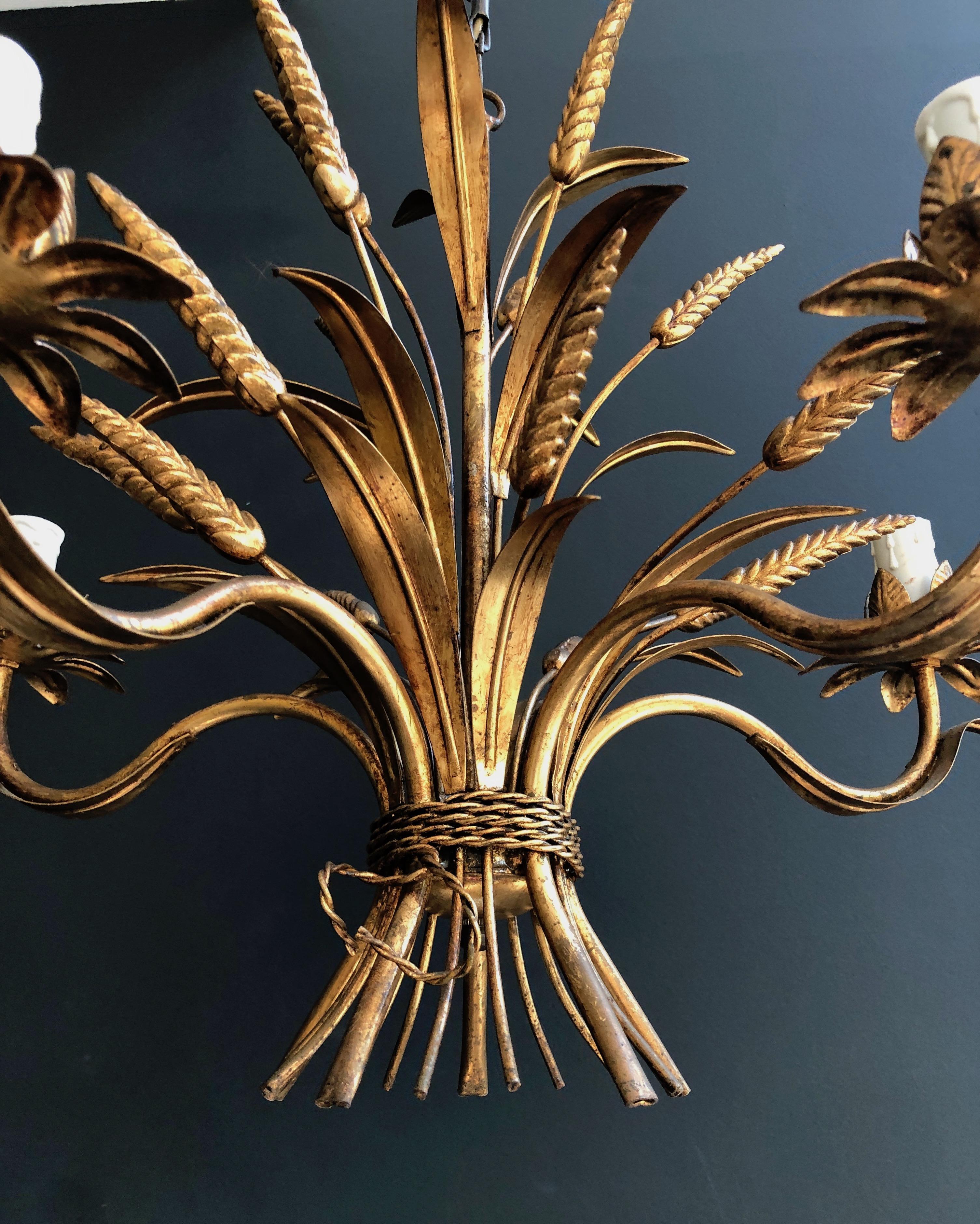 Coco Channel Wheat Gilt Metal Chandelier, French Work, circa 1970 2