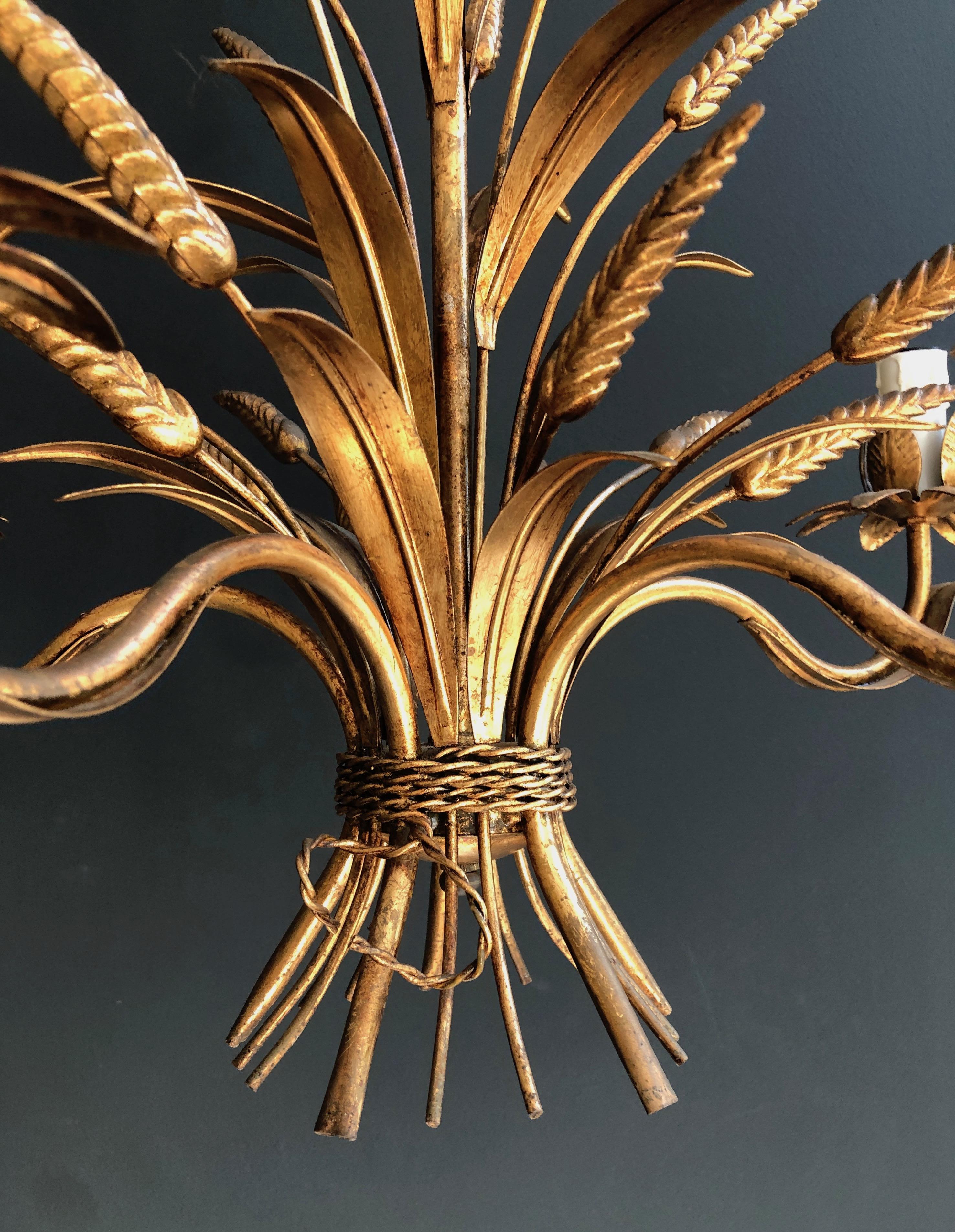 Coco Channel Wheat Gilt Metal Chandelier, French Work, circa 1970 3
